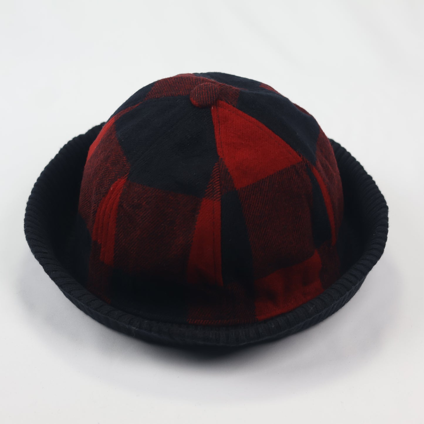 Korean Hybrid Bucket Hat | Red & Black Checkered Flannel with Knit Cuff