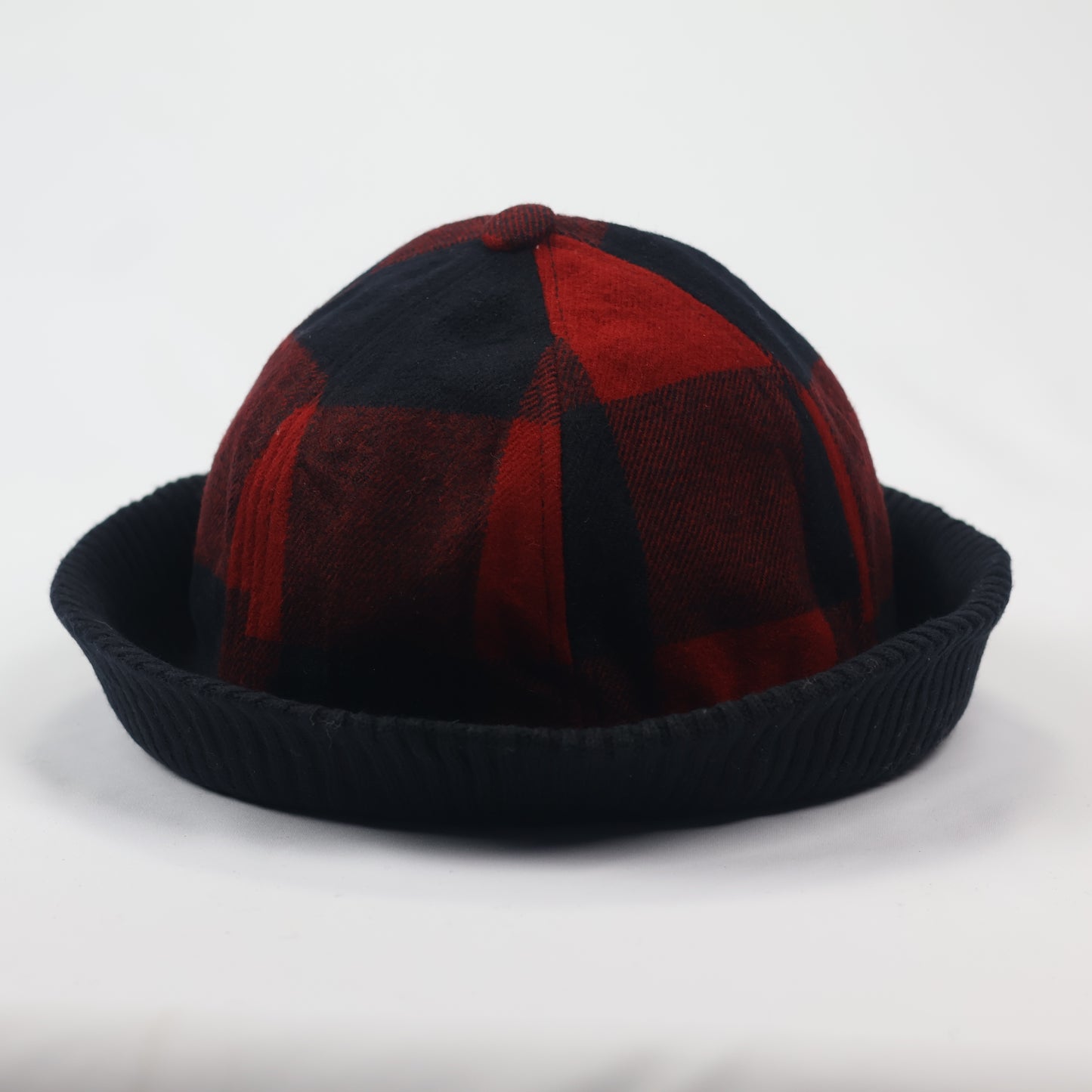 Korean Hybrid Bucket Hat | Red & Black Checkered Flannel with Knit Cuff
