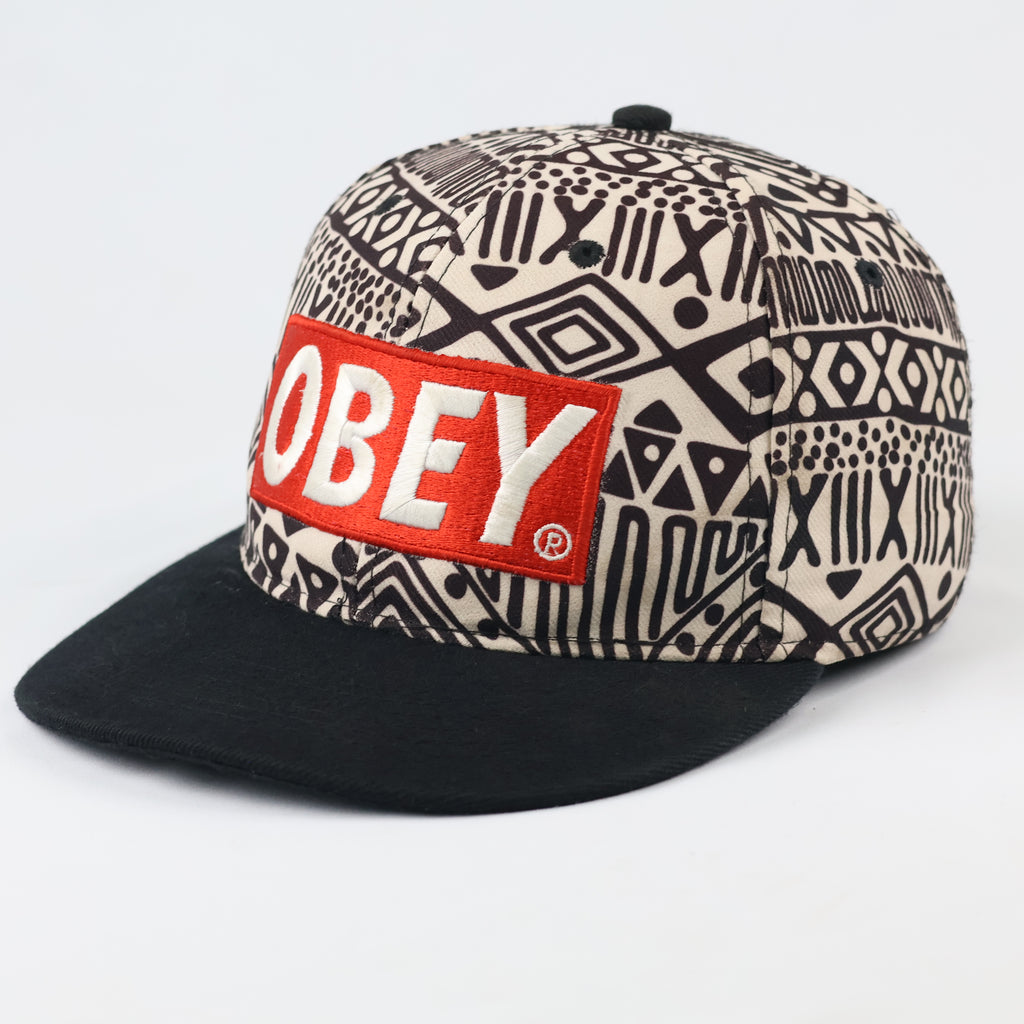 Thrifted Obey Geometric Aztec Print Hat | Black Flat Brim