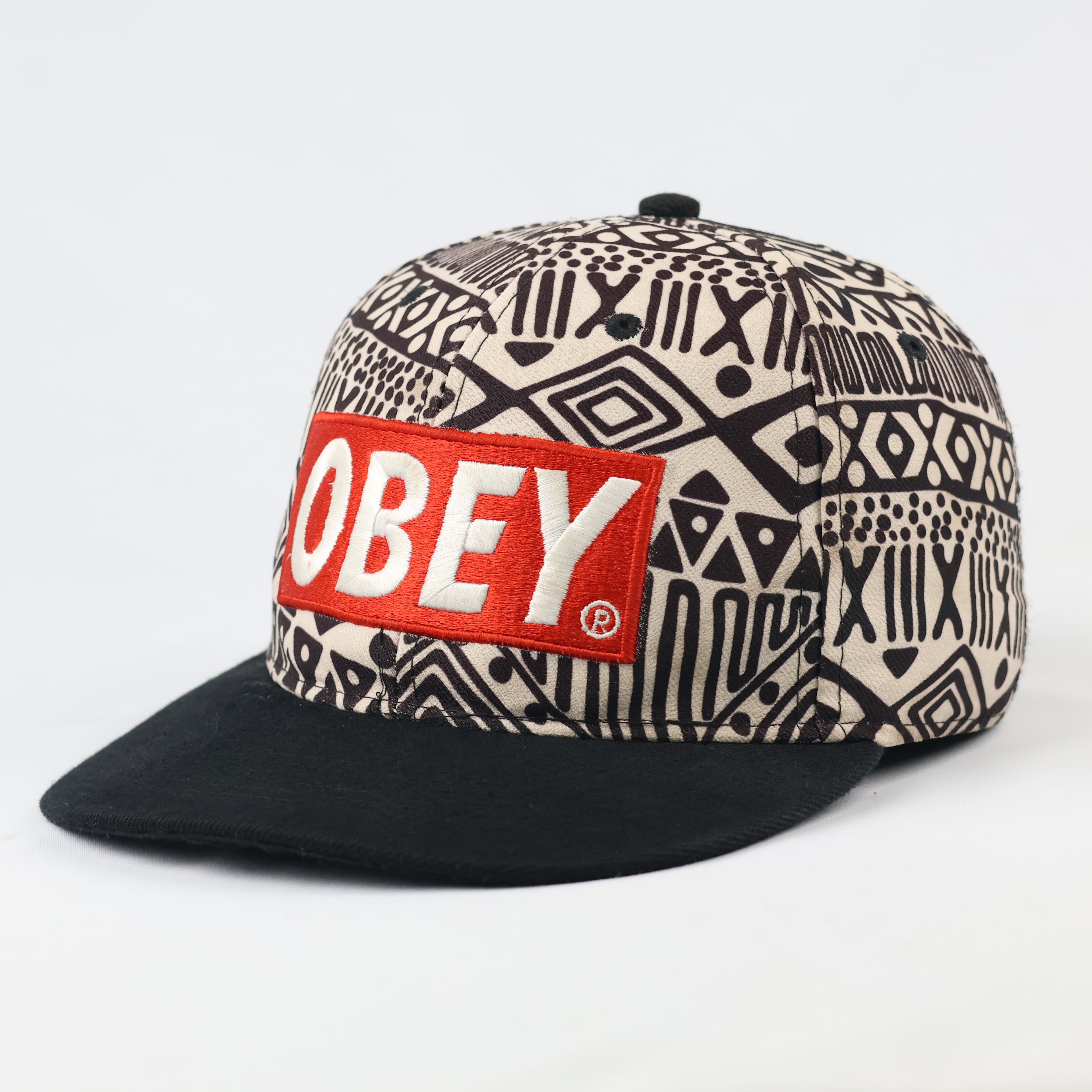 Thrifted Obey Geometric Aztec Print Hat | Black Flat Brim
