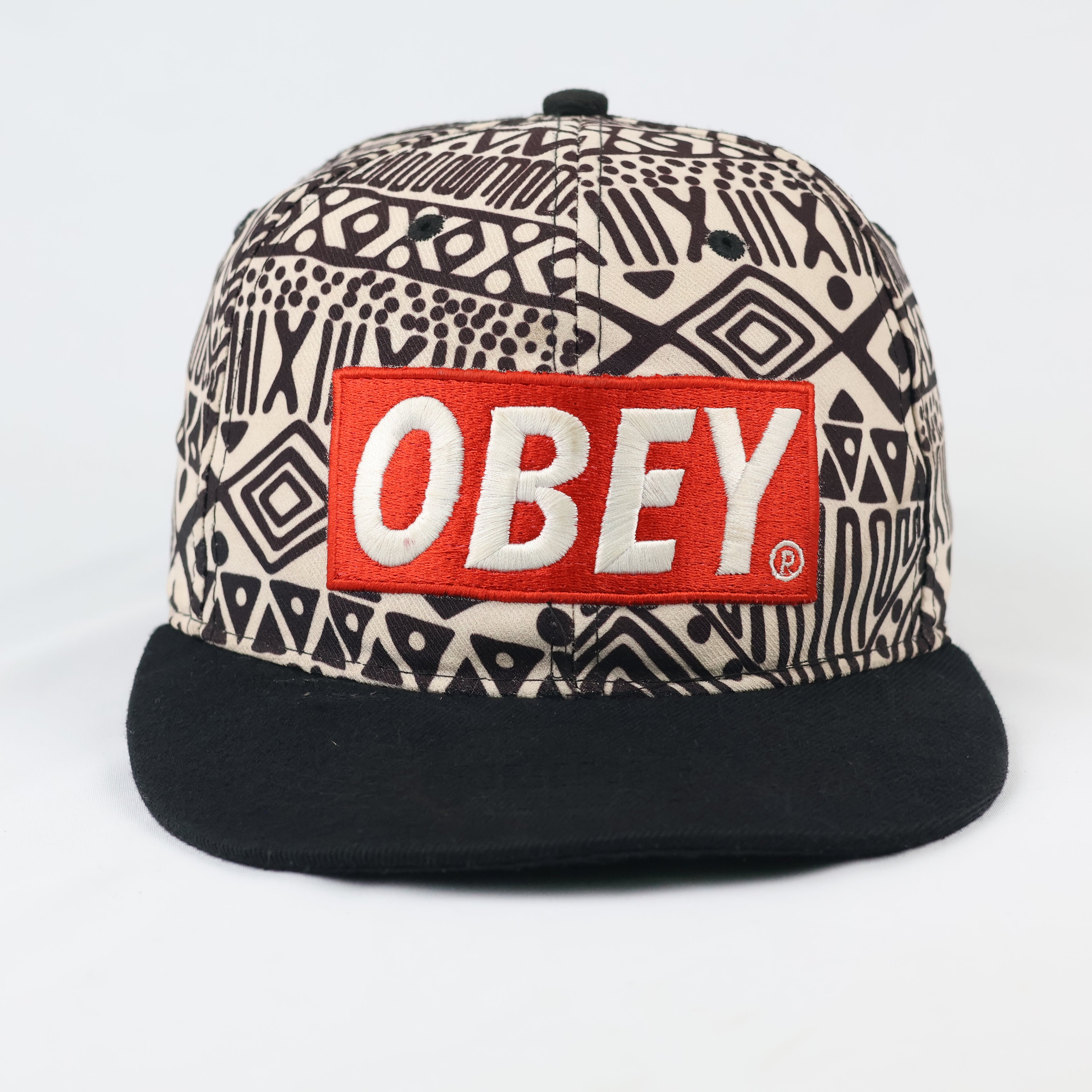 Thrifted Obey Geometric Aztec Print Hat | Black Flat Brim