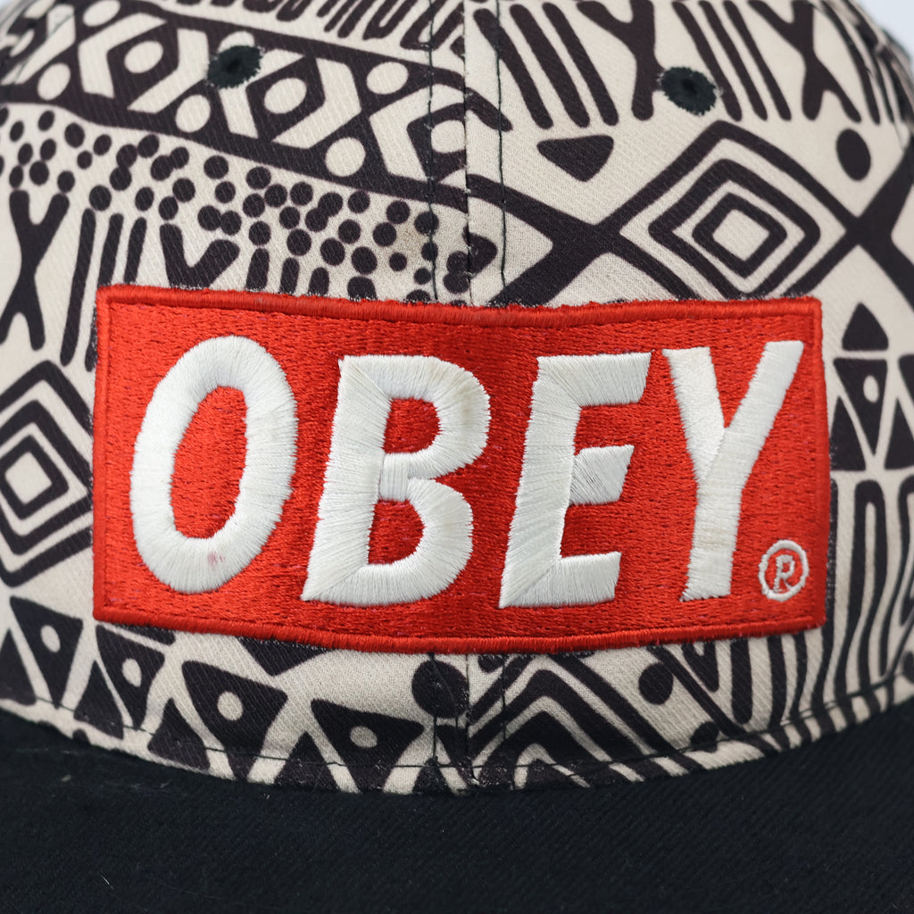 Thrifted Obey Geometric Aztec Print Hat | Black Flat Brim