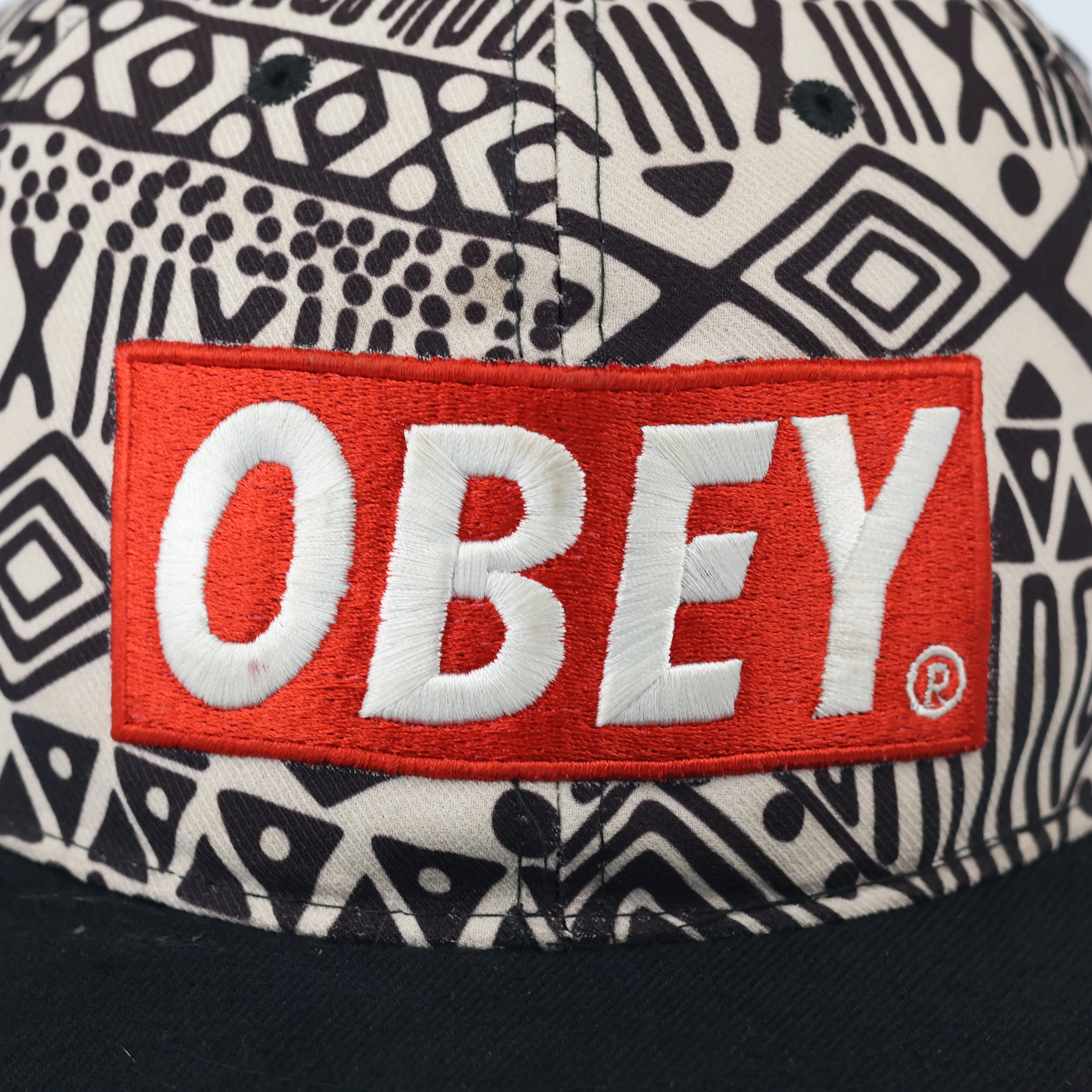 Thrifted Obey Geometric Aztec Print Hat | Black Flat Brim