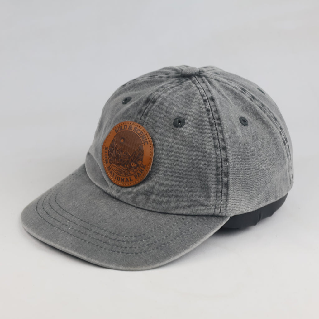 Thrifted Vintage Grey Zion National Park Leather Patch Baseball Cap (56–57 cm) | 10548
