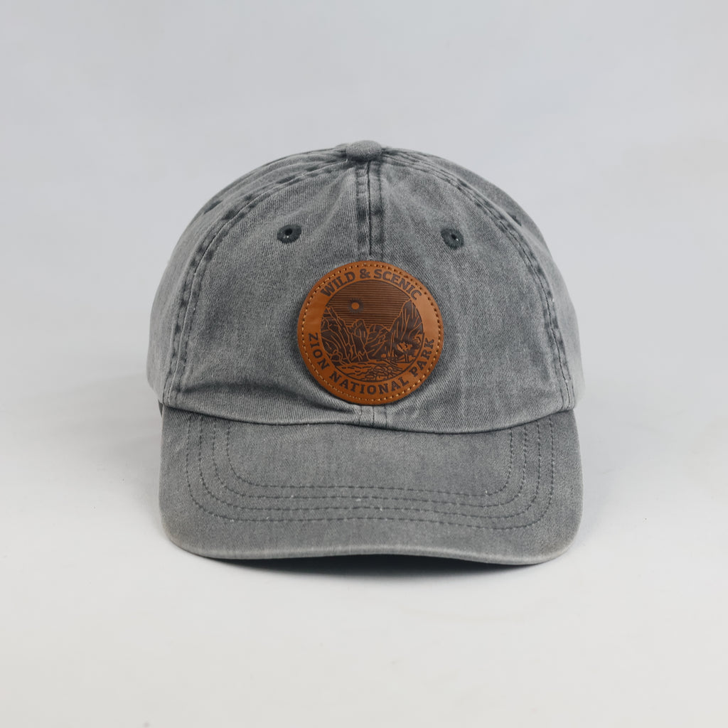 Thrifted Vintage Grey Zion National Park Leather Patch Baseball Cap (56–57 cm) | 10548
