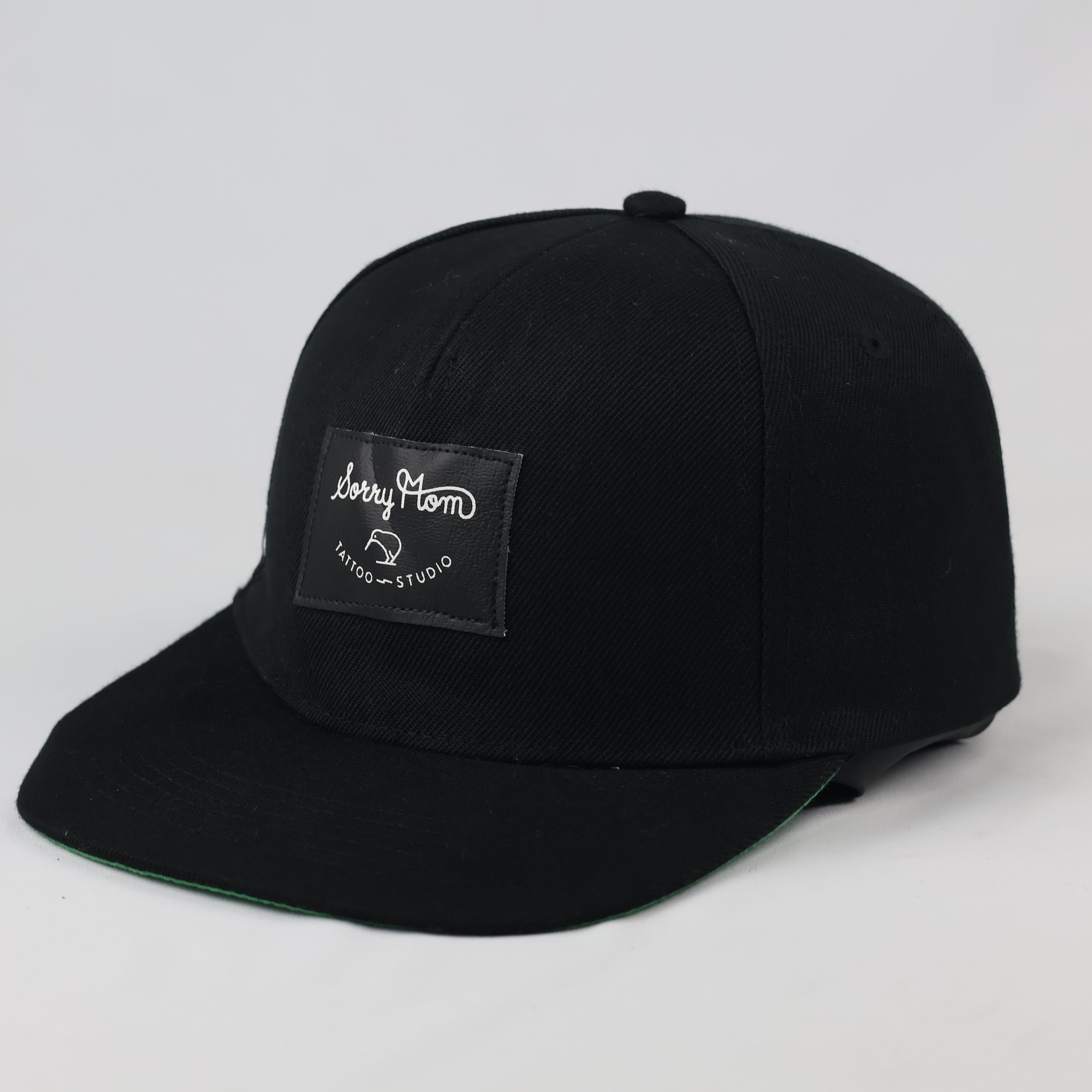 Thrifted Black Sorry Mom Tattoo Hat | Green Underbrim Snapback