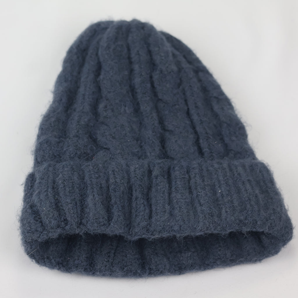 Navy Blue Fuzzy Cable Knit Beanie | Soft Angora-Style Winter Hat | Youth/Teen Size (12-16Y)