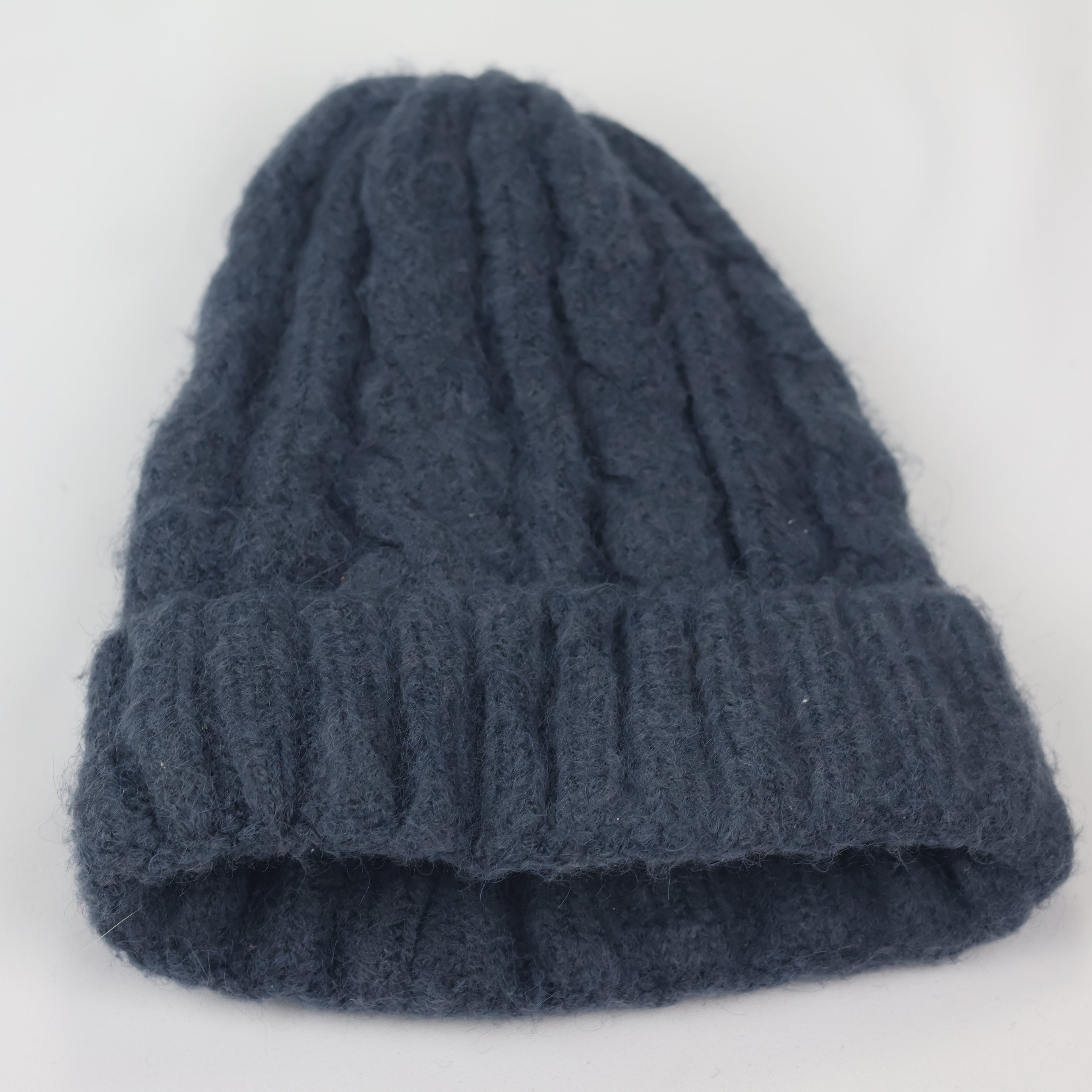 Navy Blue Fuzzy Cable Knit Beanie | Soft Angora-Style Winter Hat | Youth/Teen Size (12-16Y)