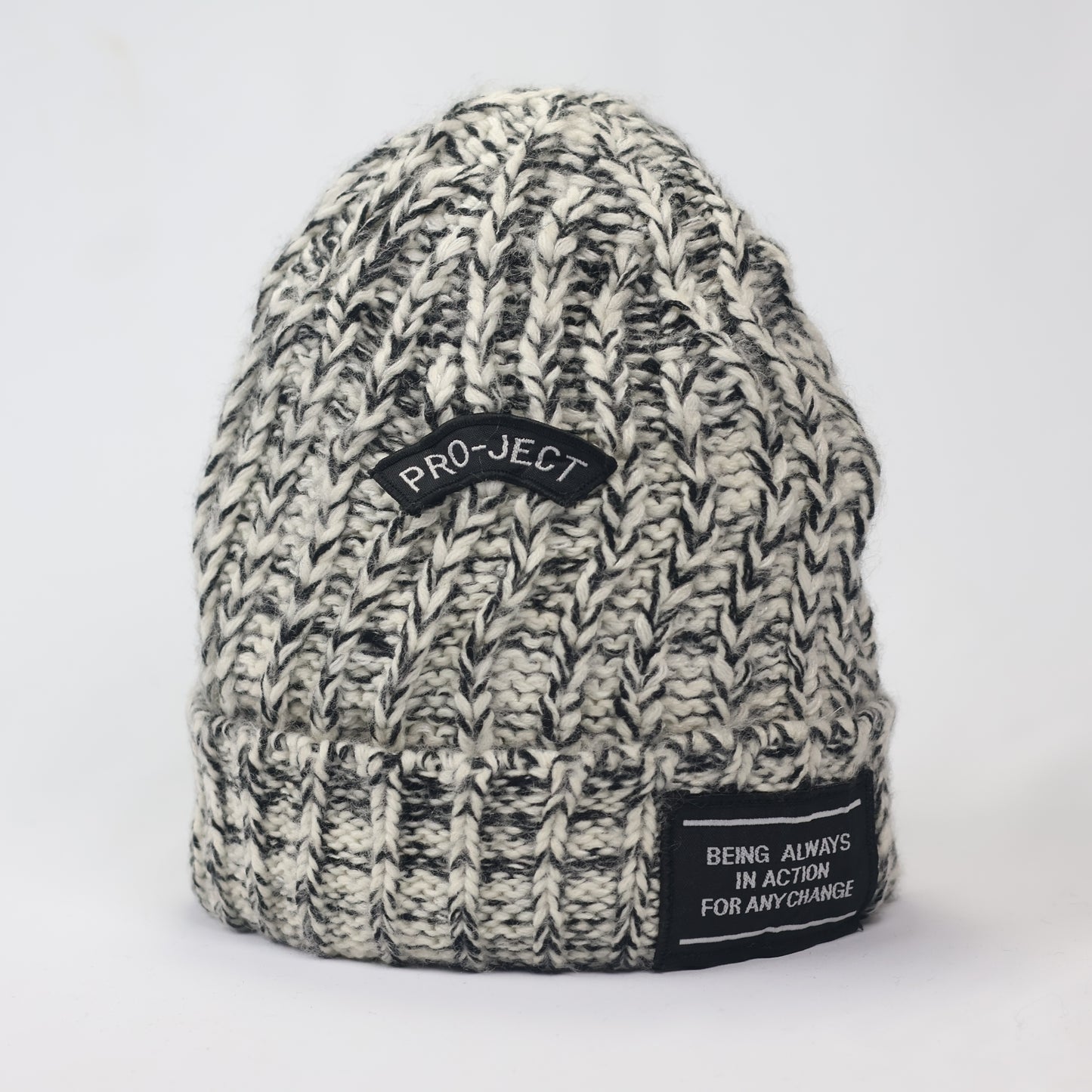 Streetwear "Project" Patch Beanie | Oreo Marl Knit | Thermal Lined Cap