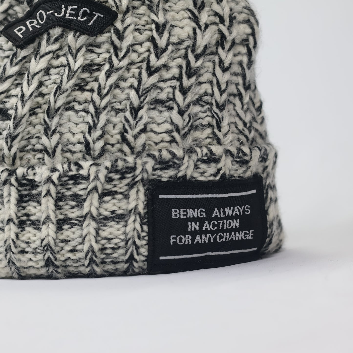 Streetwear "Project" Patch Beanie | Oreo Marl Knit | Thermal Lined Cap