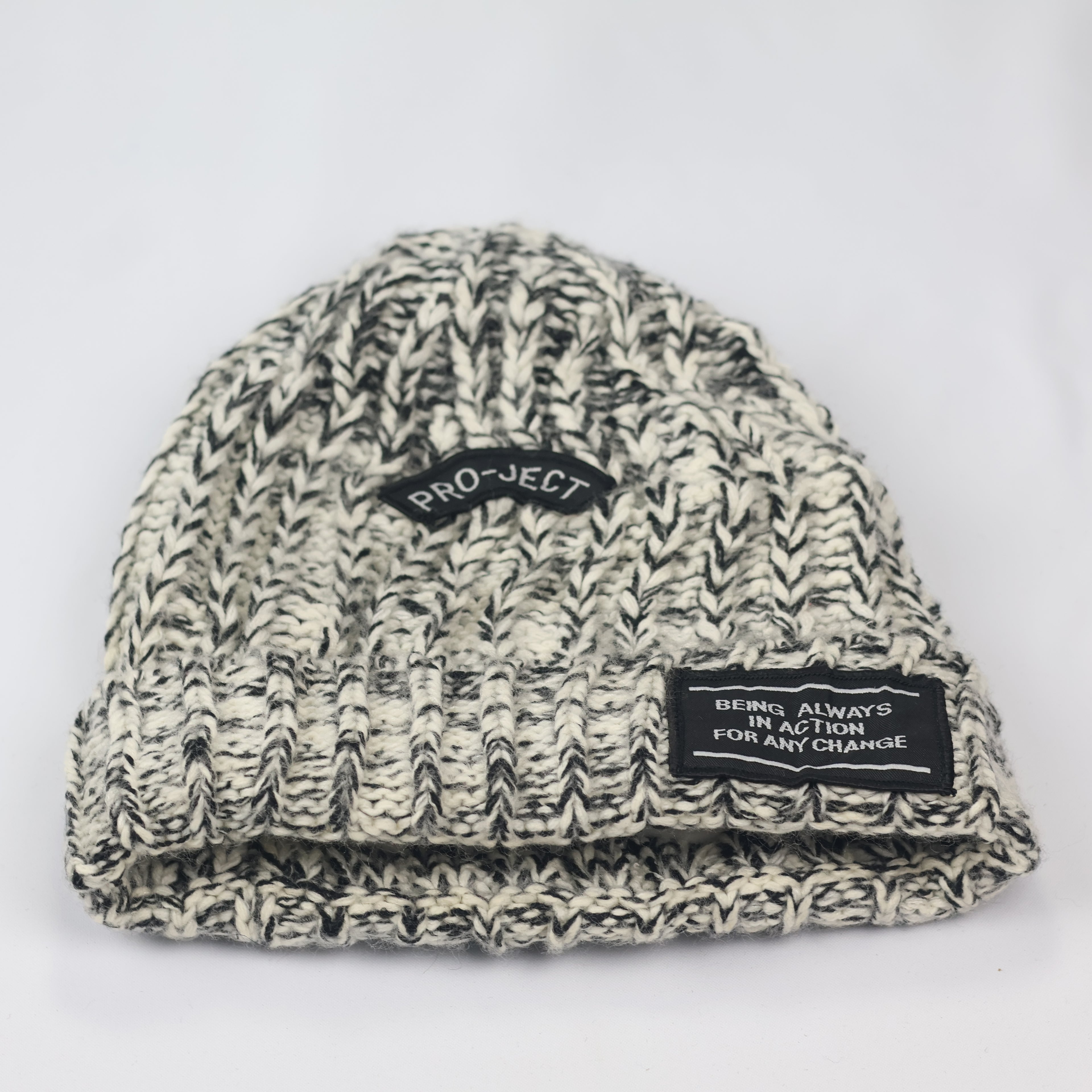 Streetwear "Project" Patch Beanie | Oreo Marl Knit | Thermal Lined Cap