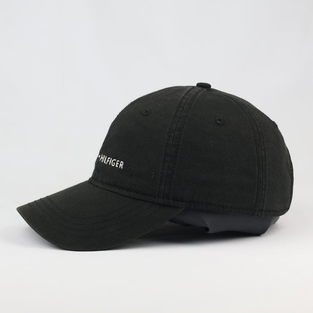 Thrifted Tommy Hilfiger Embroidered Logo Cap | Black & Leather Strapback