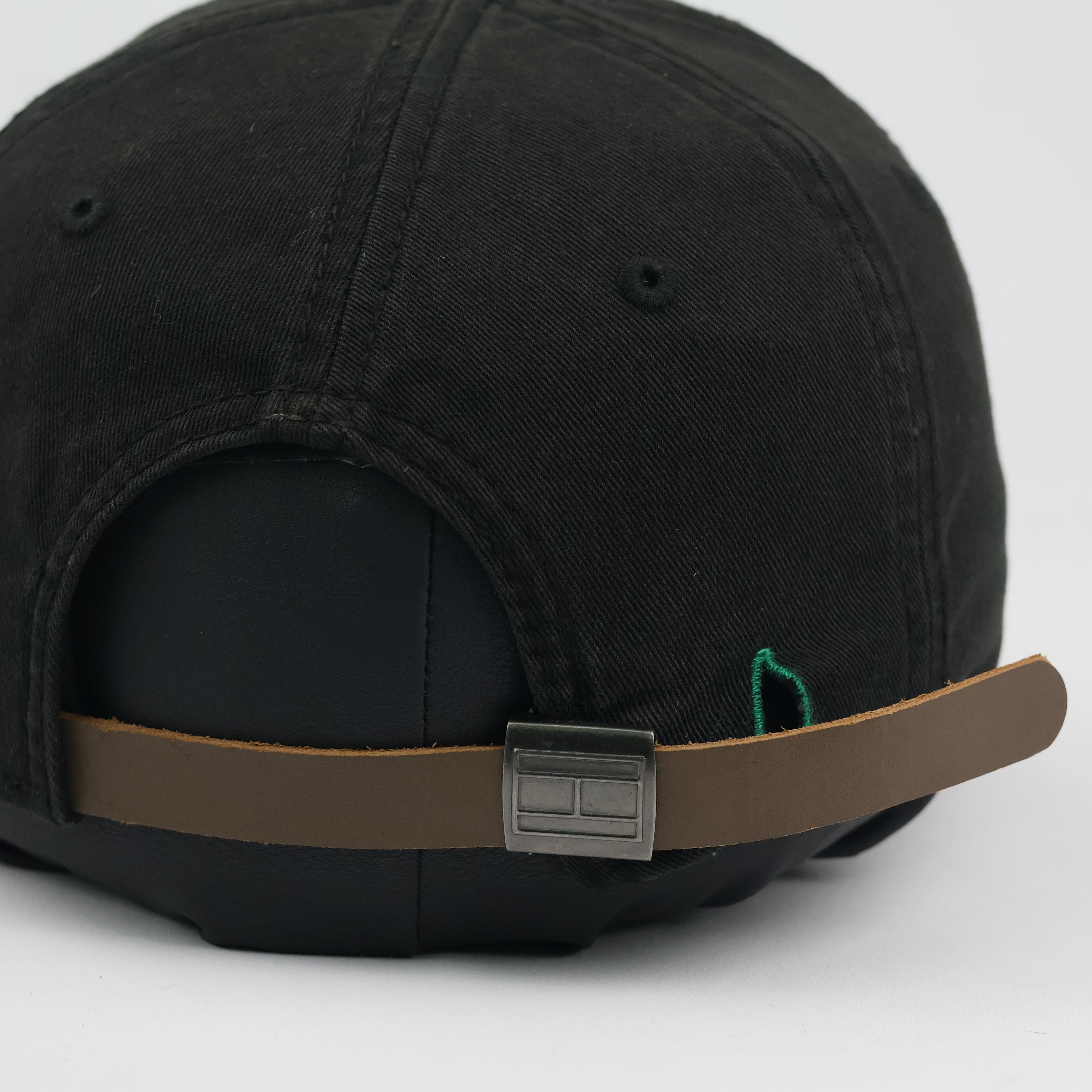 Thrifted Tommy Hilfiger Embroidered Logo Cap | Black & Leather Strapback