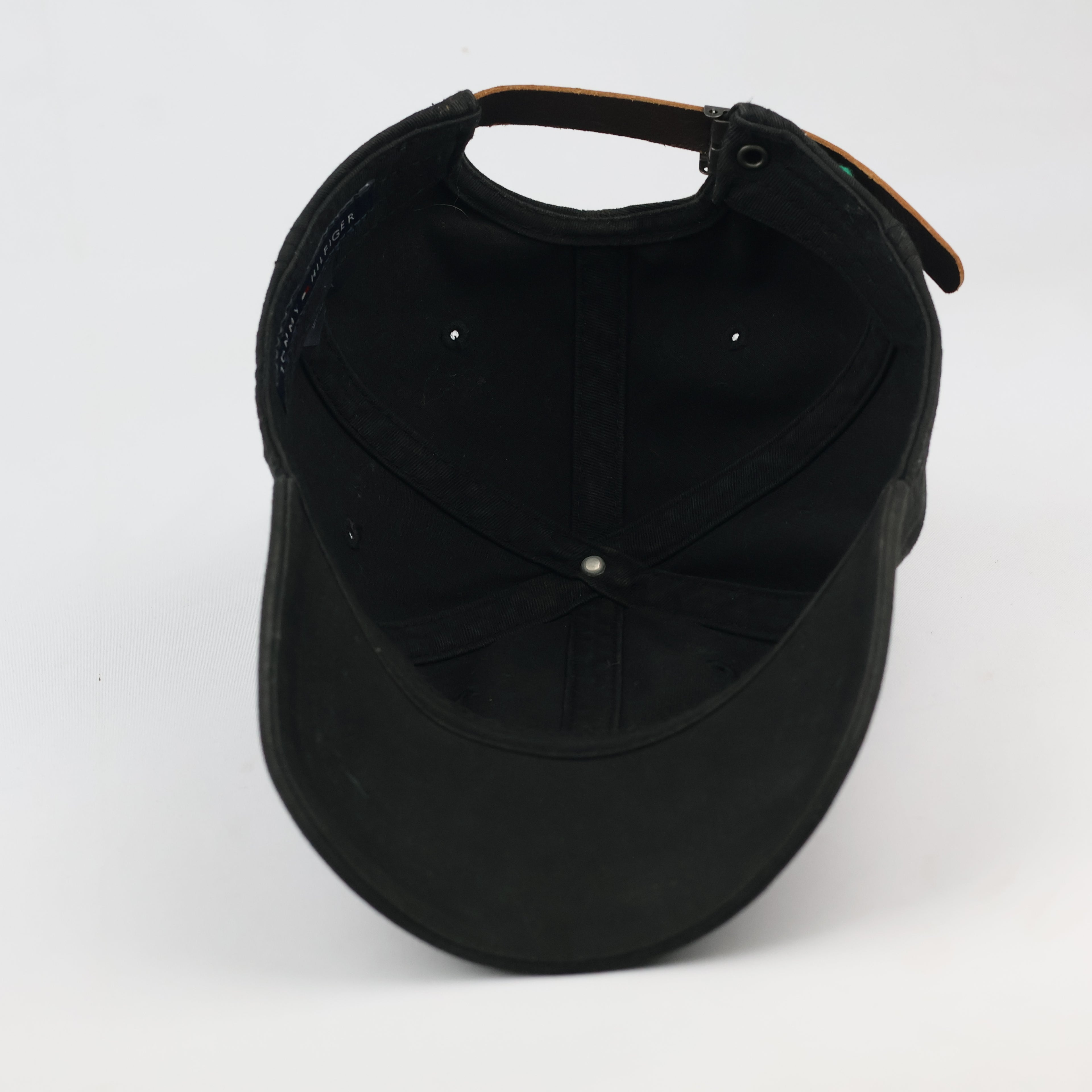 Thrifted Tommy Hilfiger Embroidered Logo Cap | Black & Leather Strapback