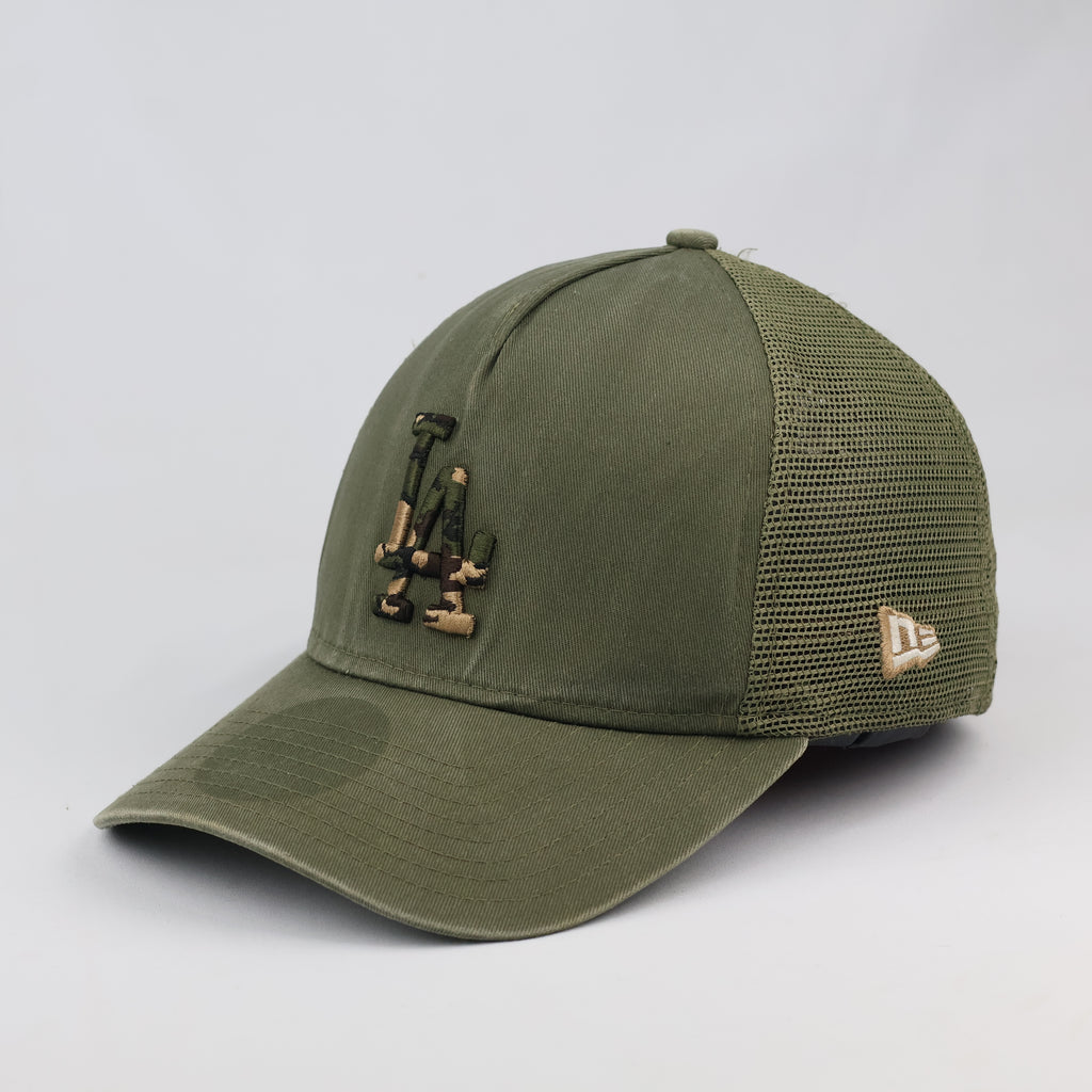 Thrifted LA Dodgers Olive Green Mesh Trucker Cap | Camo Logo
