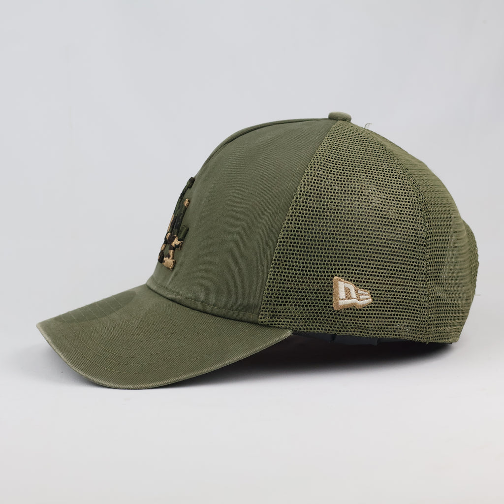 Thrifted LA Dodgers Olive Green Mesh Trucker Cap | Camo Logo