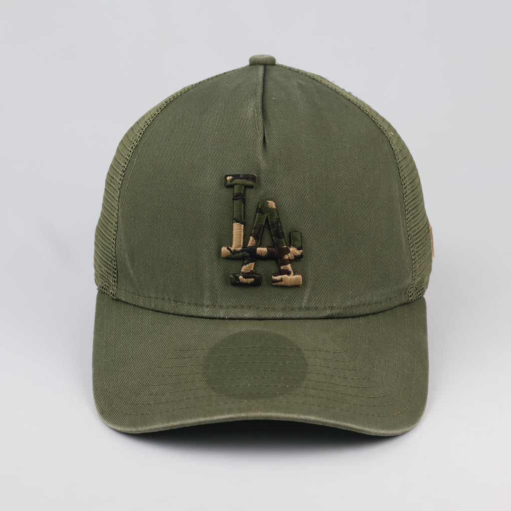 Thrifted LA Dodgers Olive Green Mesh Trucker Cap | Camo Logo