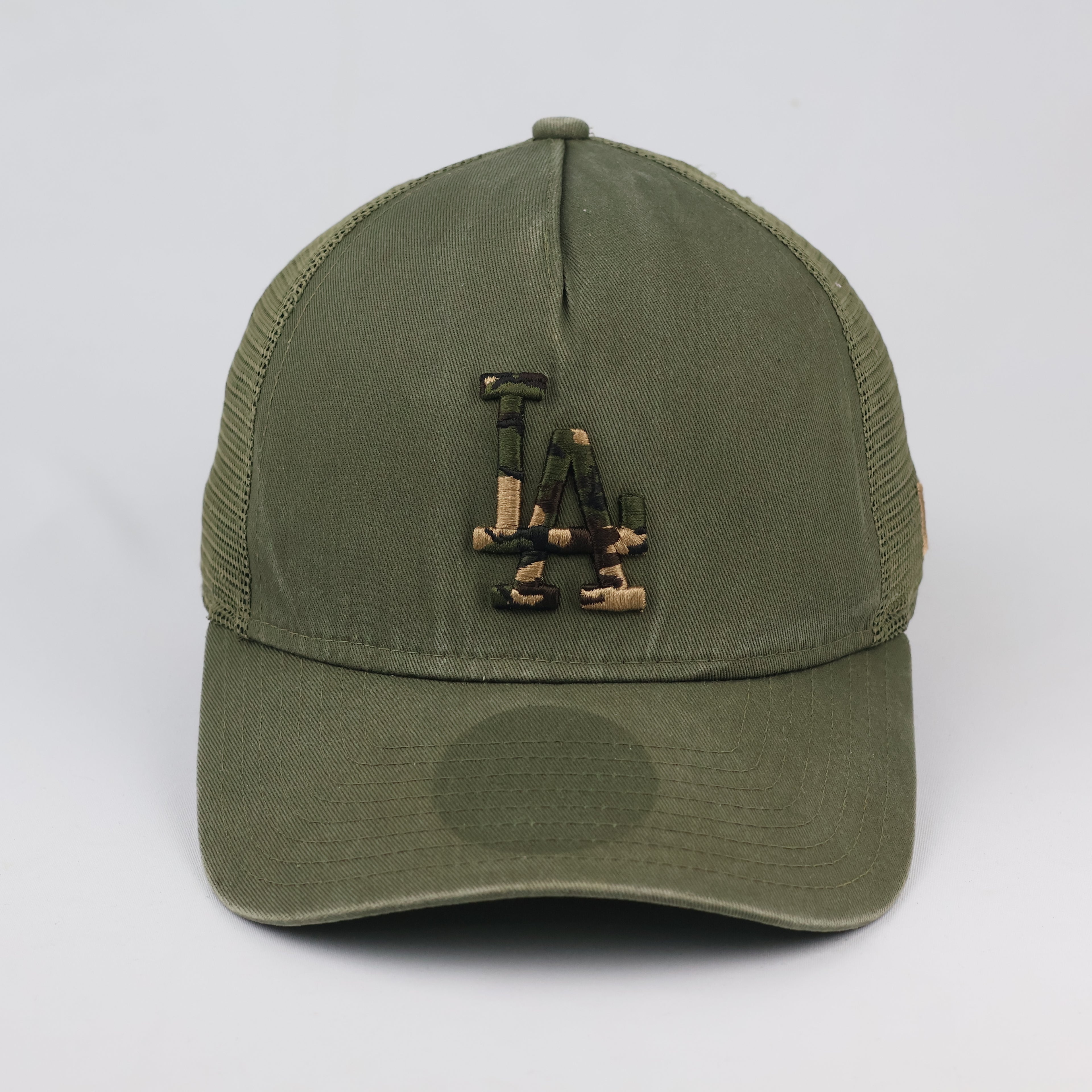 Thrifted LA Dodgers Olive Green Mesh Trucker Cap | Camo Logo