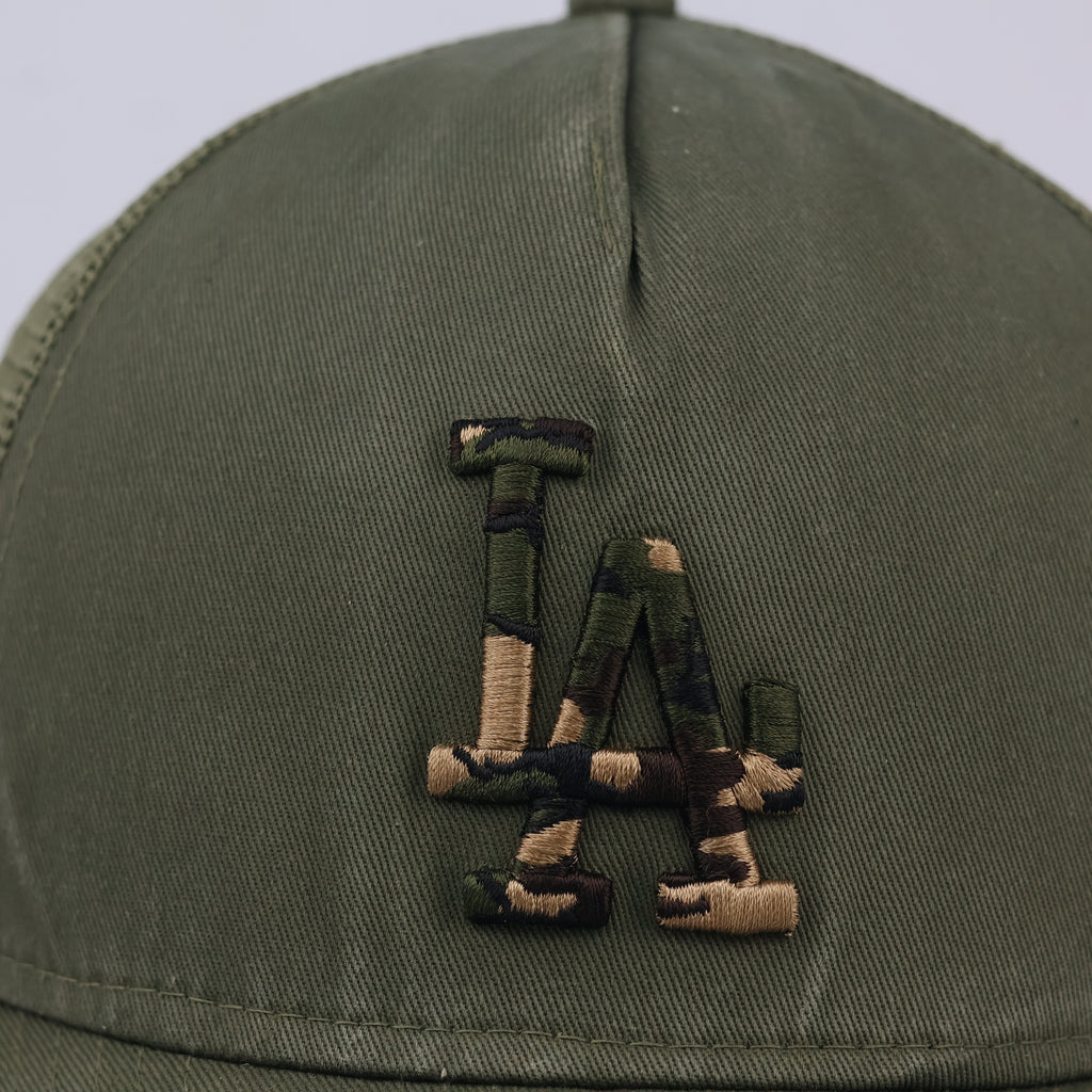 Thrifted LA Dodgers Olive Green Mesh Trucker Cap | Camo Logo