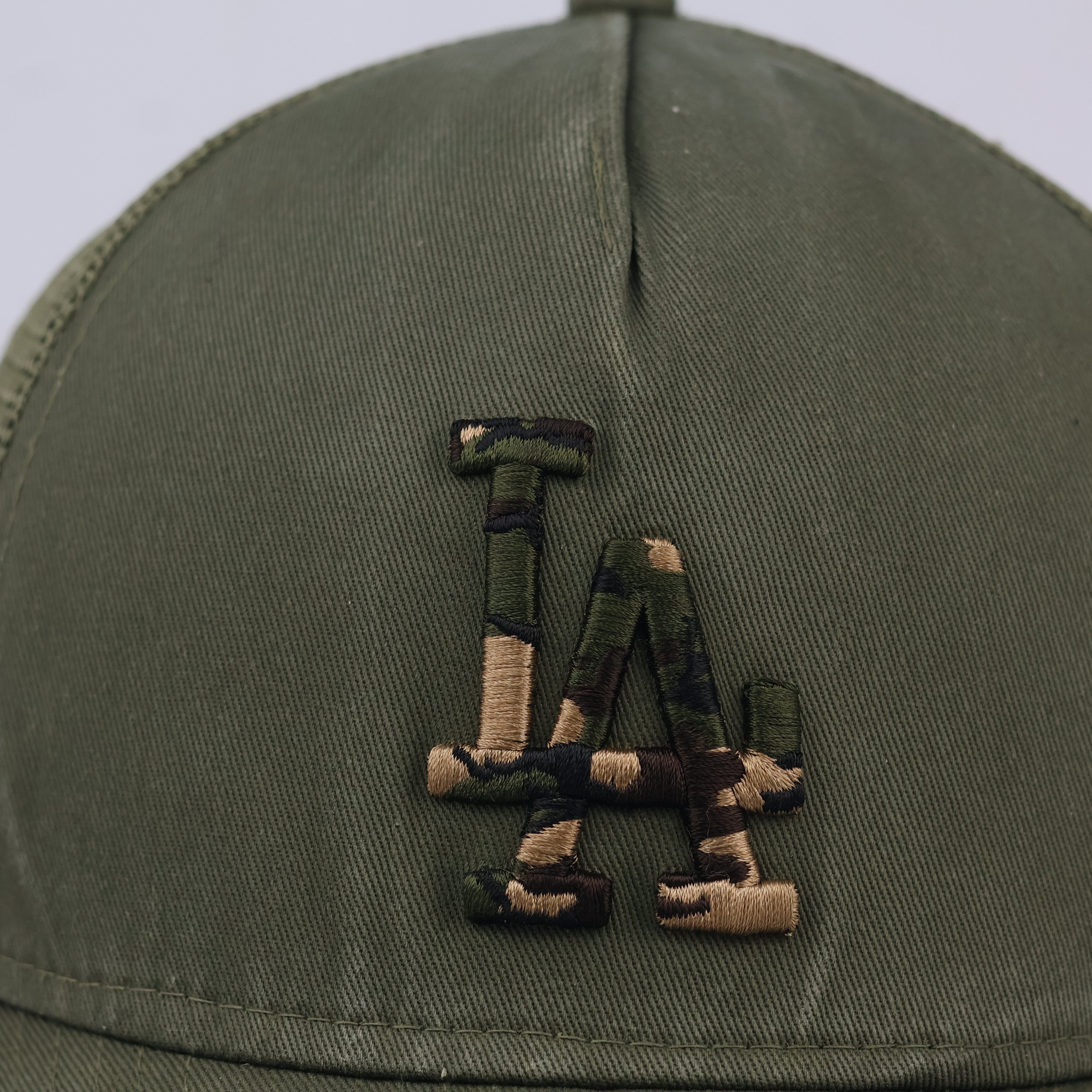 Thrifted LA Dodgers Olive Green Mesh Trucker Cap | Camo Logo