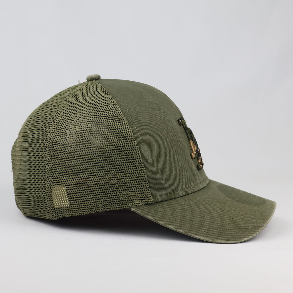 Thrifted LA Dodgers Olive Green Mesh Trucker Cap | Camo Logo