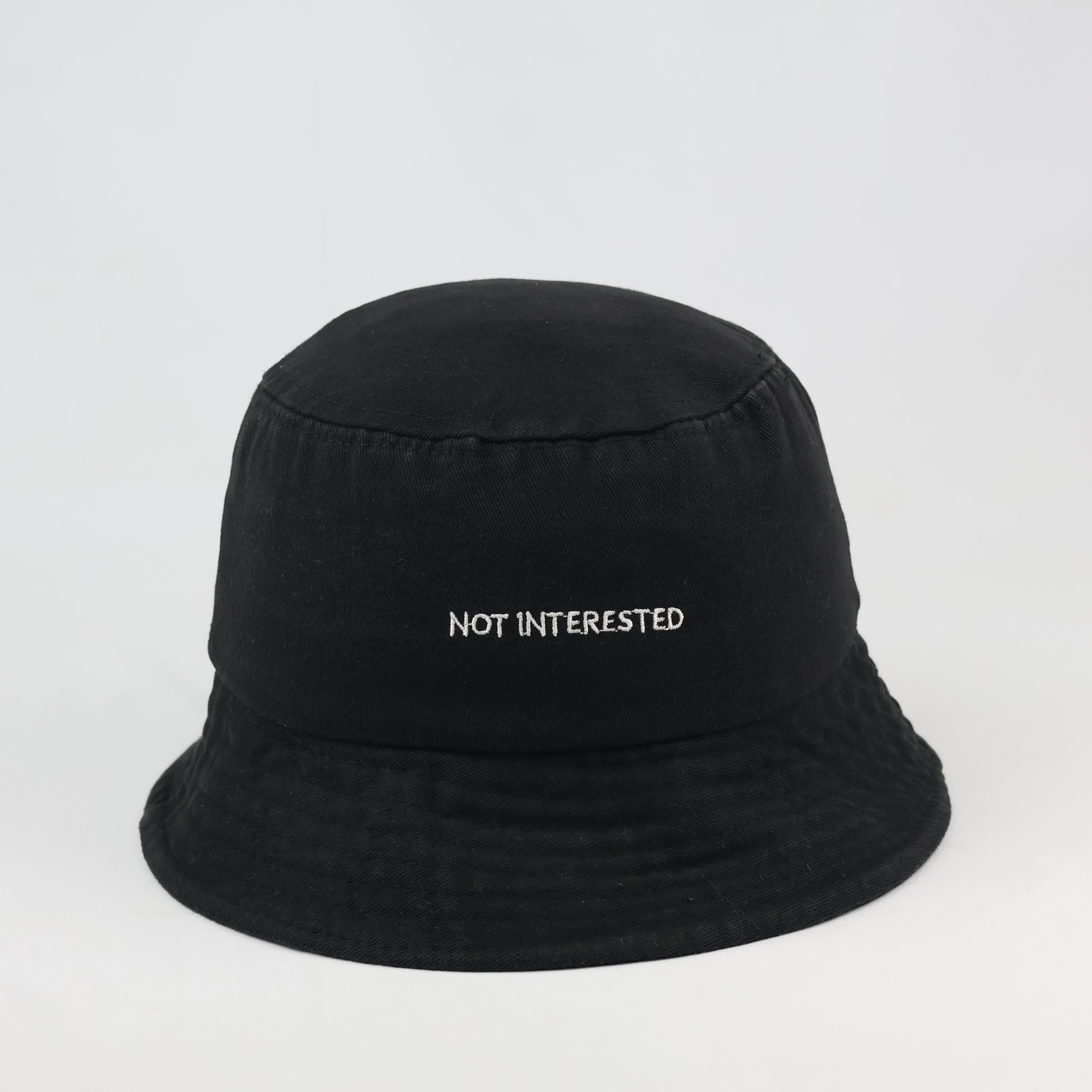 Vintage Not Interested Embroidered Black Bucket Hat