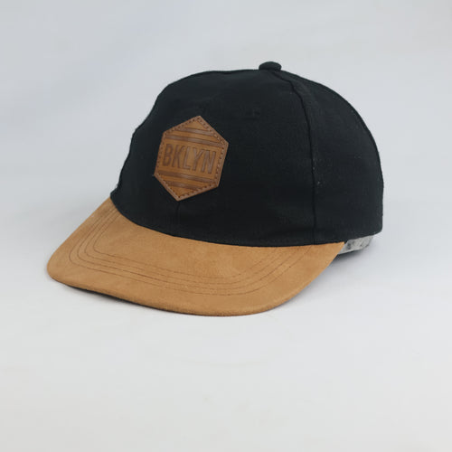 Thrifted BKLYN Leather Patch Black & Brown Snapback Hat | 10763