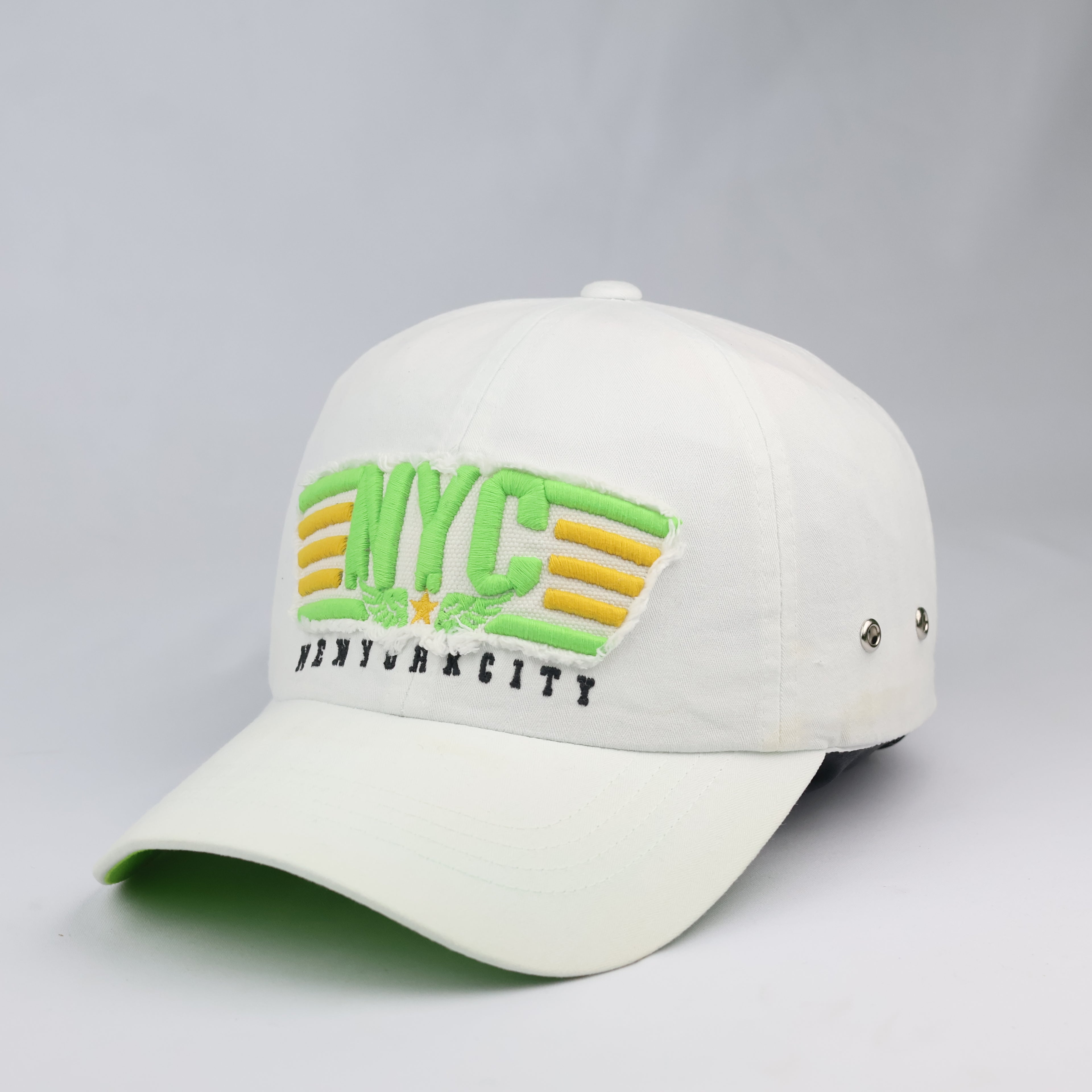 Thrifted New York City White Canvas Baseball Cap | Neon Green Brim