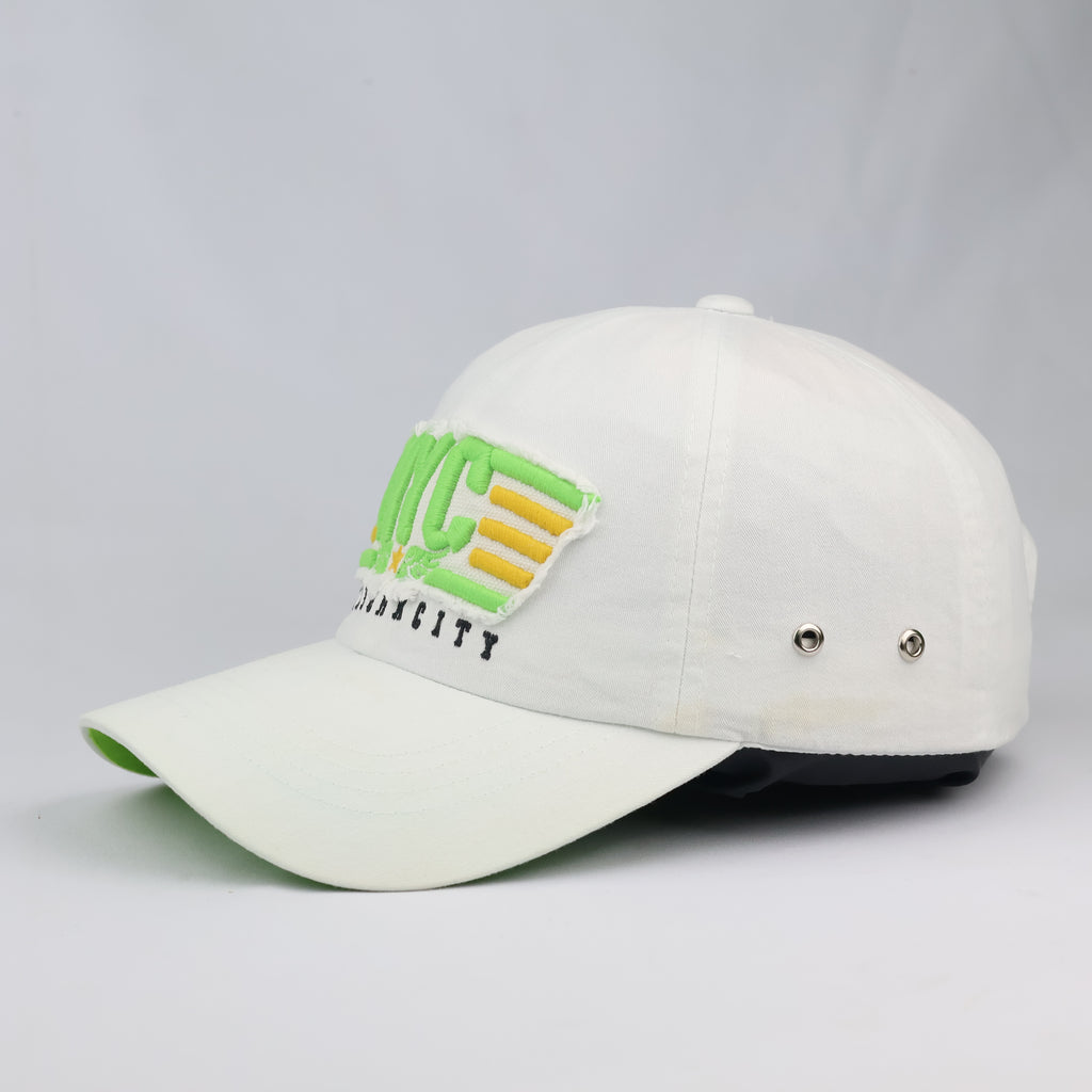 Thrifted New York City White Canvas Baseball Cap | Neon Green Brim