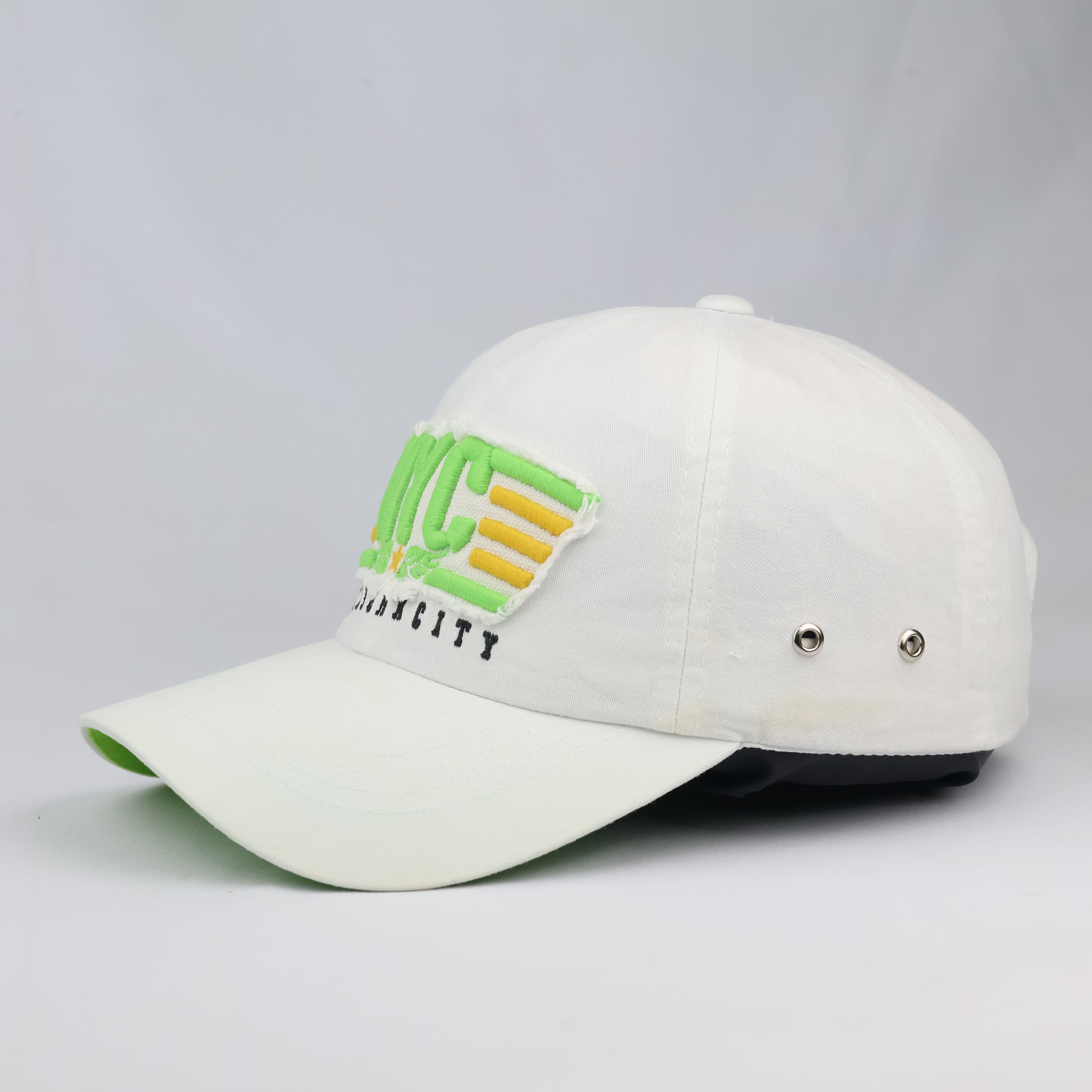 Thrifted New York City White Canvas Baseball Cap | Neon Green Brim