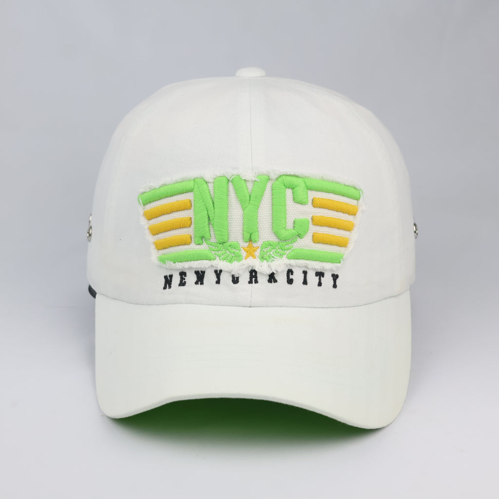 Thrifted New York City White Canvas Baseball Cap | Neon Green Brim