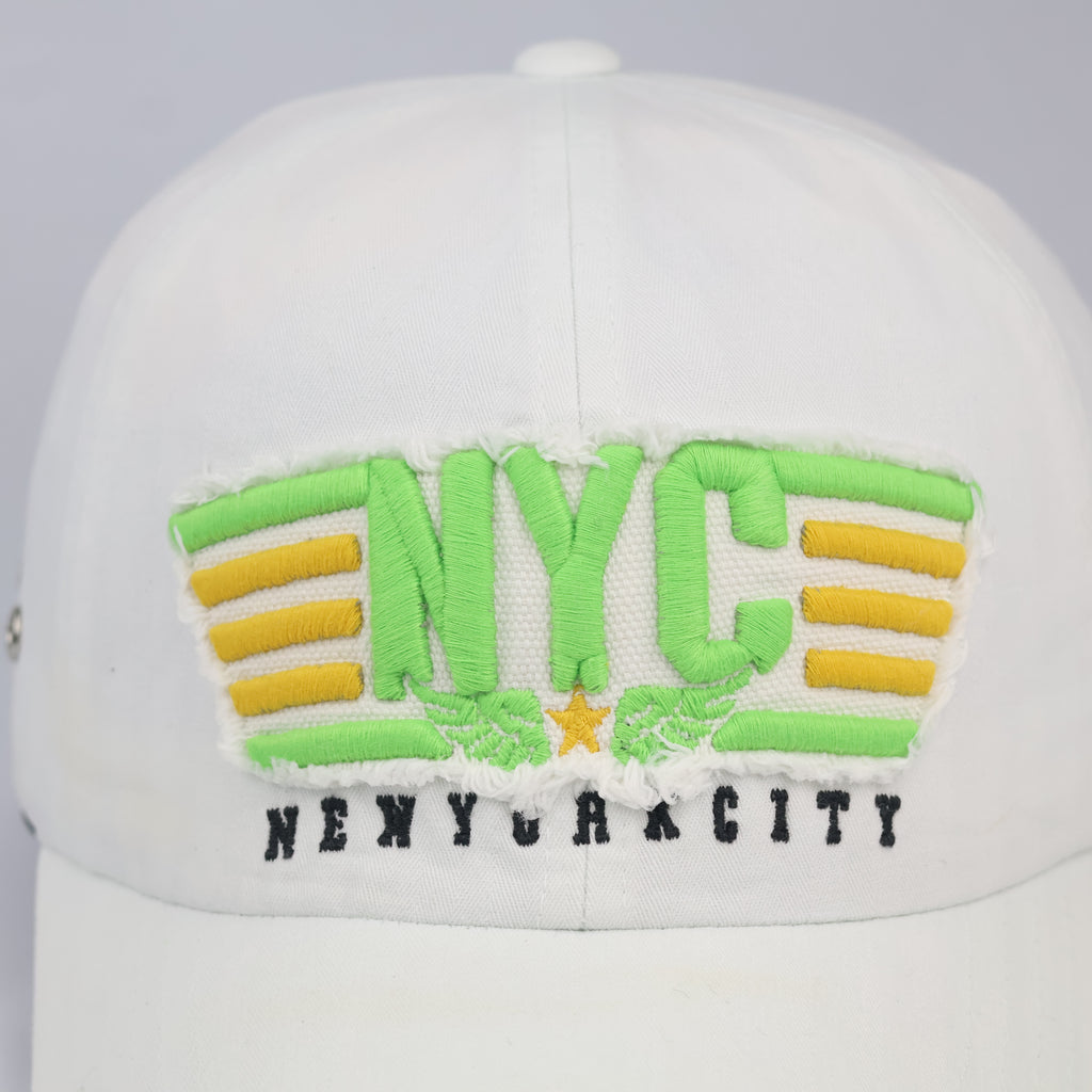 Thrifted New York City White Canvas Baseball Cap | Neon Green Brim