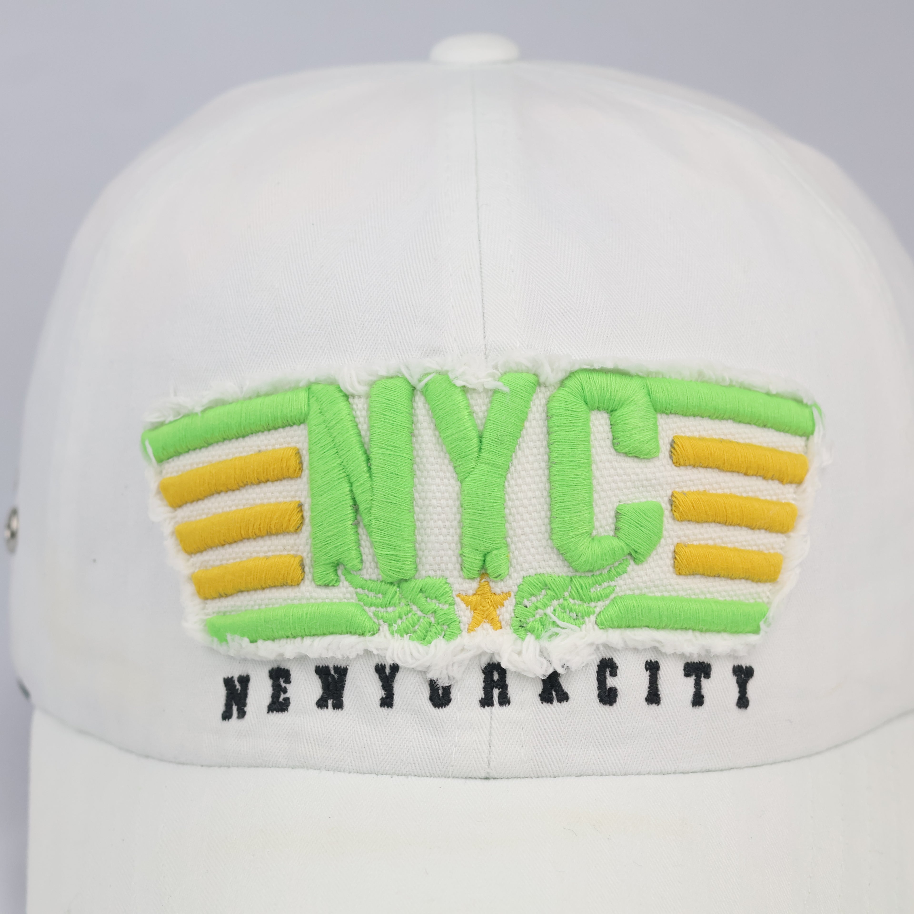 Thrifted New York City White Canvas Baseball Cap | Neon Green Brim