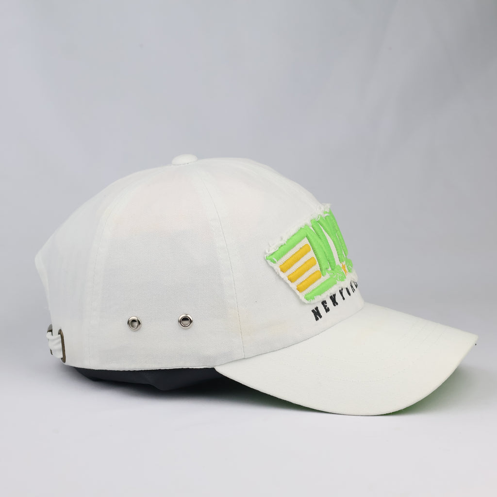 Thrifted New York City White Canvas Baseball Cap | Neon Green Brim