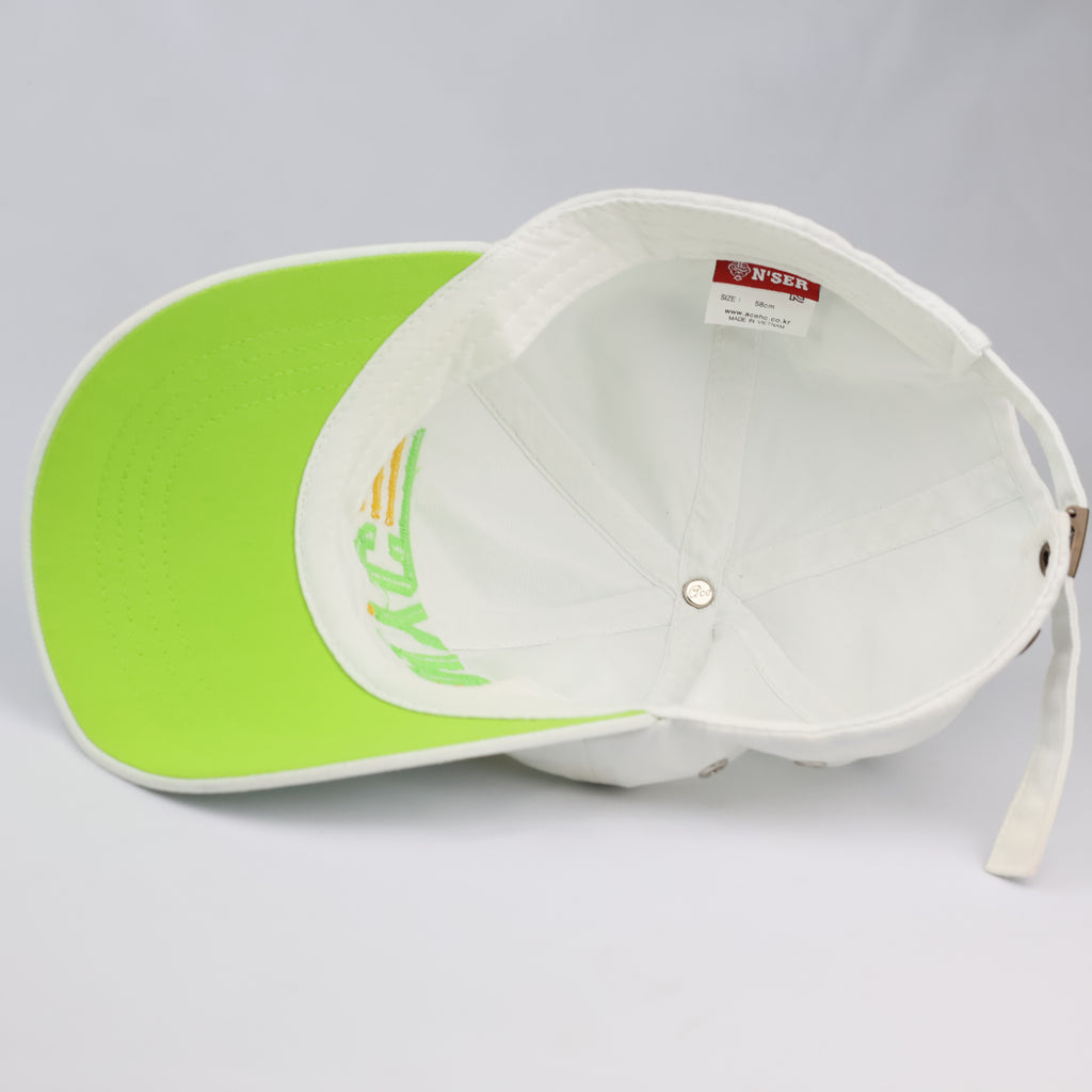 Thrifted New York City White Canvas Baseball Cap | Neon Green Brim