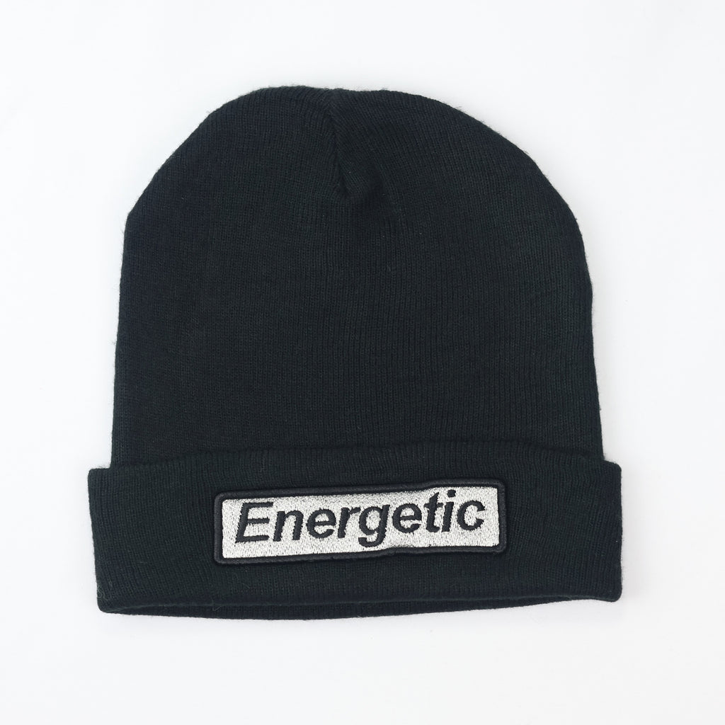 Black "Energetic" Patch Beanie | Silver Embroidery Streetwear Hat | K-Pop Style