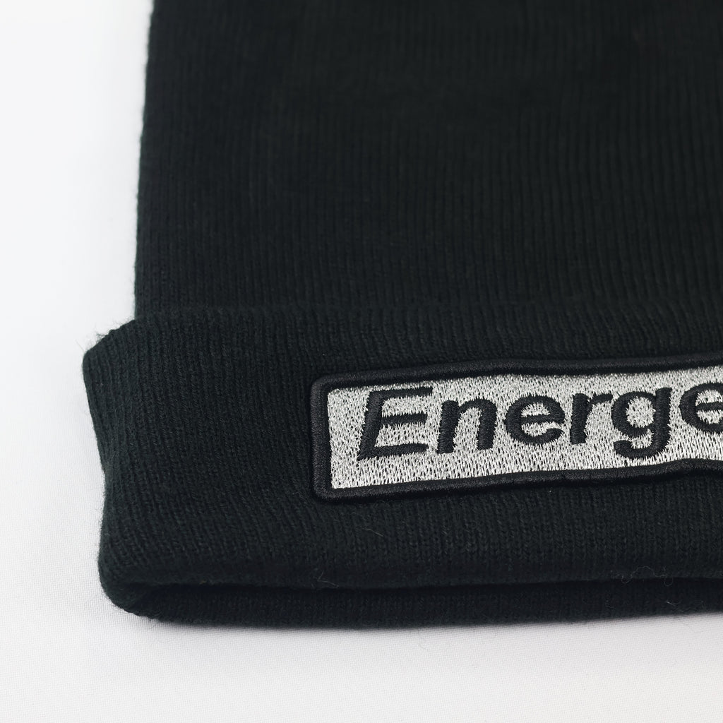 Black "Energetic" Patch Beanie | Silver Embroidery Streetwear Hat | K-Pop Style