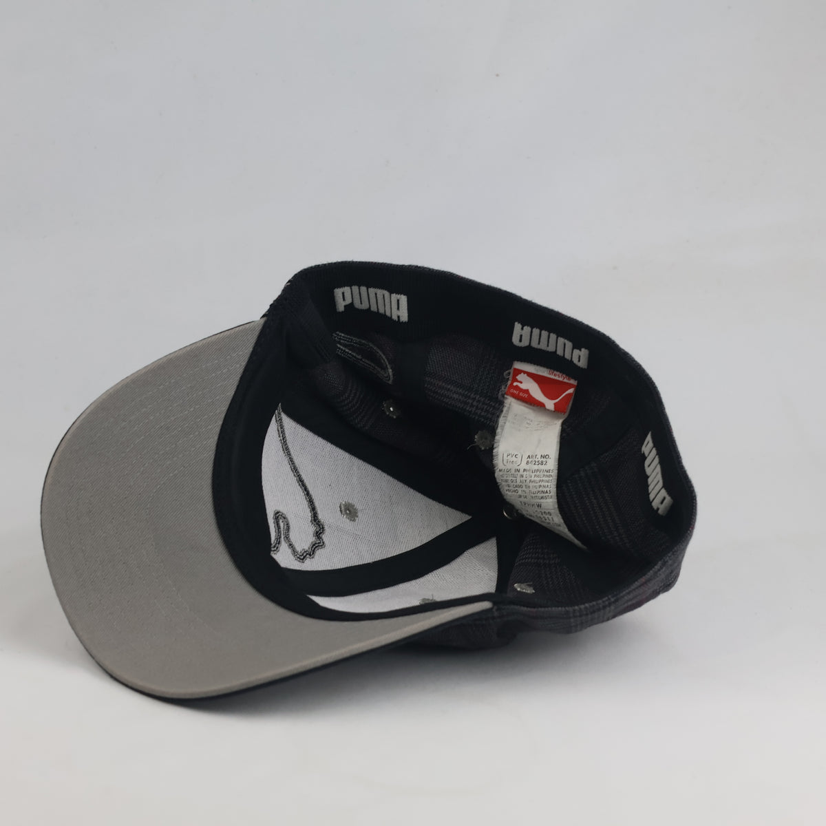 Thrifted Puma Dark Grey Plaid Baseball Cap – Big Logo Tartan Golf Hat (56-57cm) | 10626