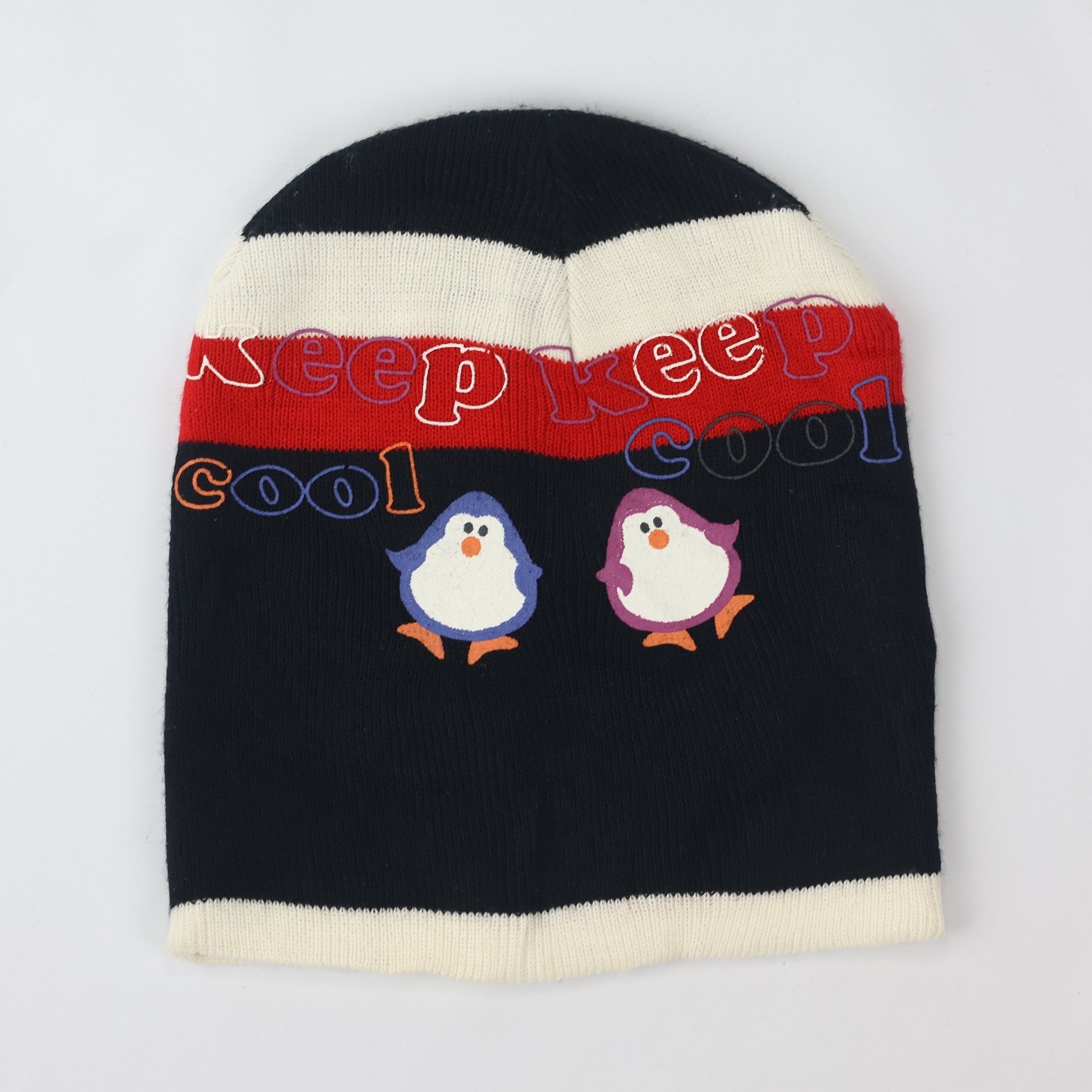 Kids Penguin Print Beanie | "Keep Cool" Graphic Winter Hat | Navy & Red Knit