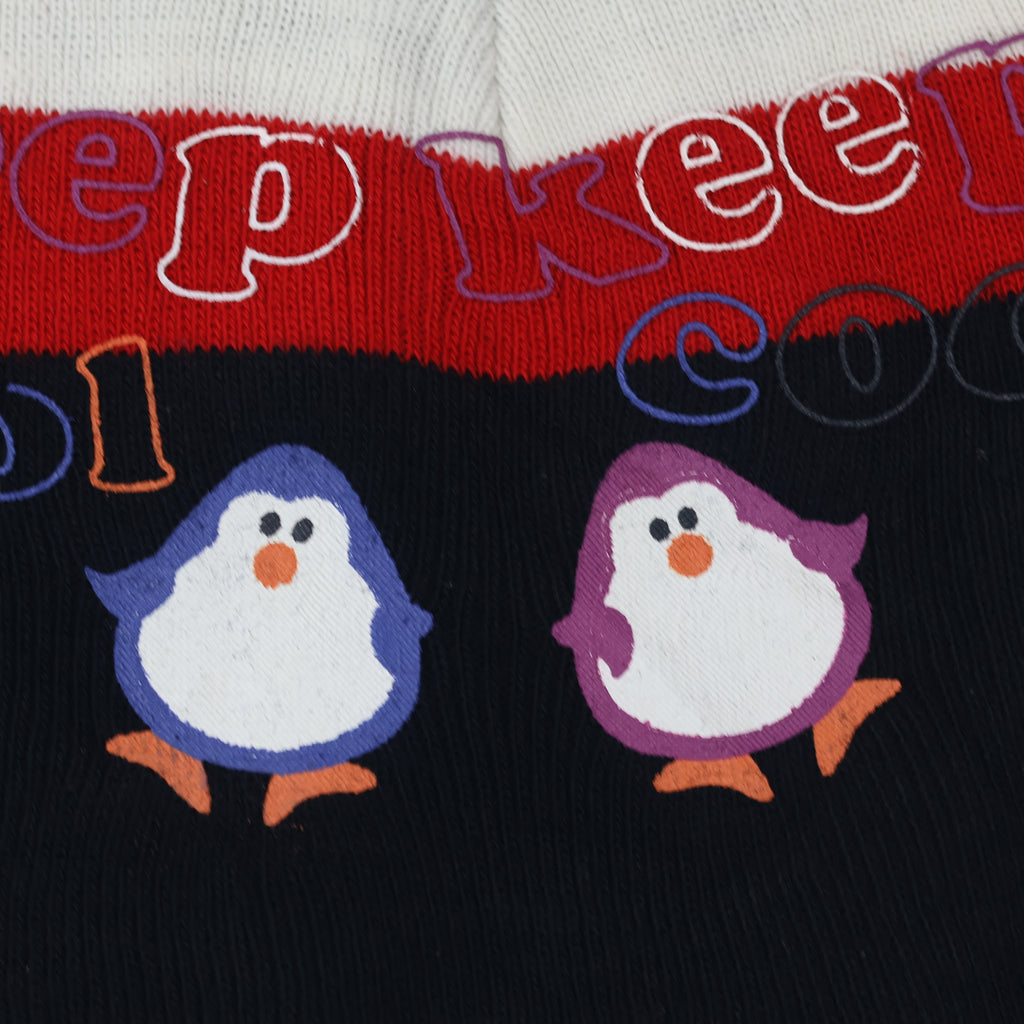 Kids Penguin Print Beanie | "Keep Cool" Graphic Winter Hat | Navy & Red Knit
