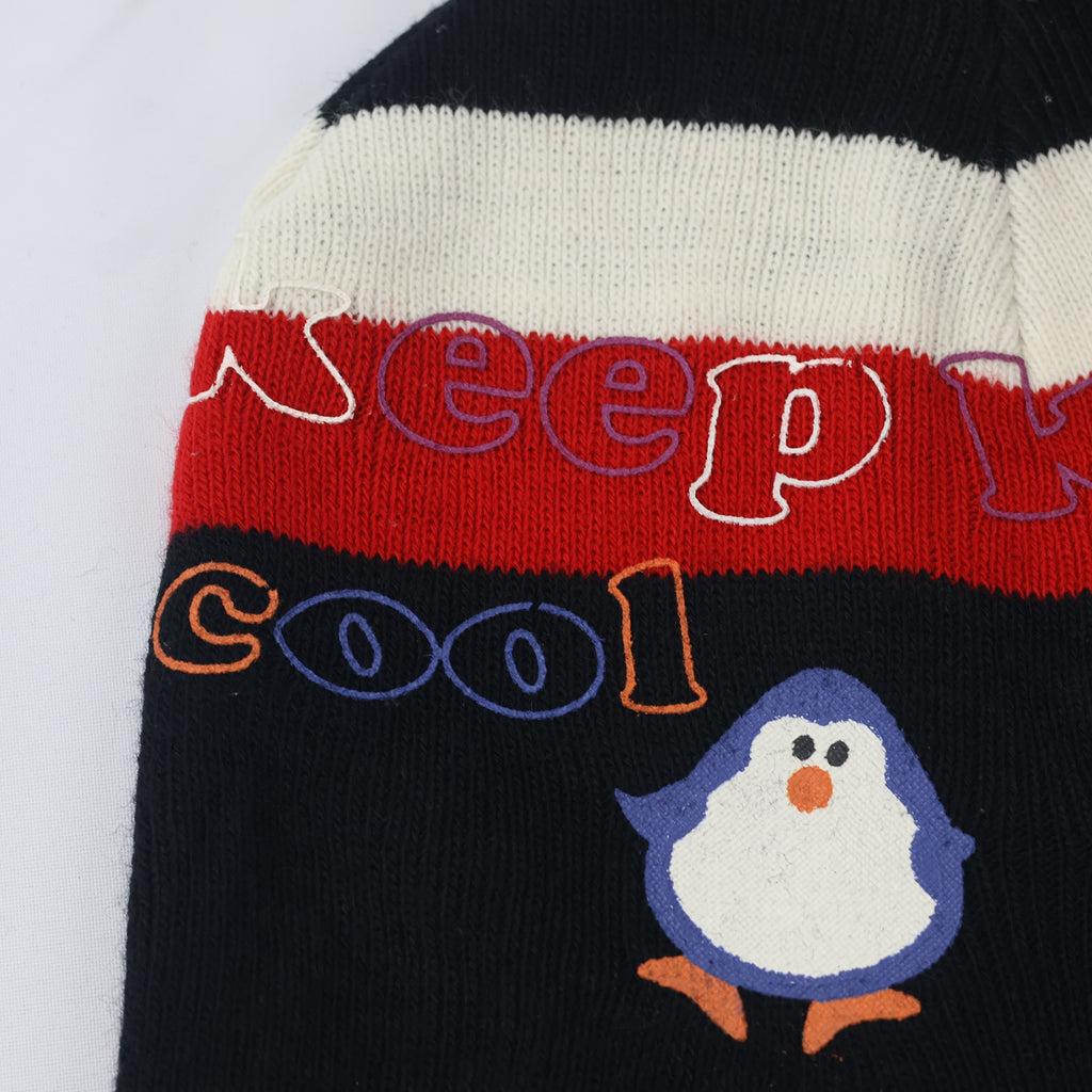 Kids Penguin Print Beanie | "Keep Cool" Graphic Winter Hat | Navy & Red Knit