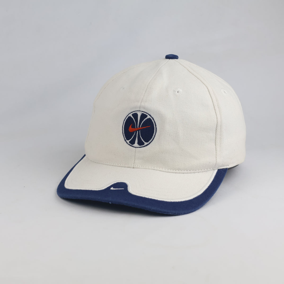 Thrifted Vintage 90s Nike Basketball Logo Strapback Hat - Off-White/Navy (56-57cm)| 10635