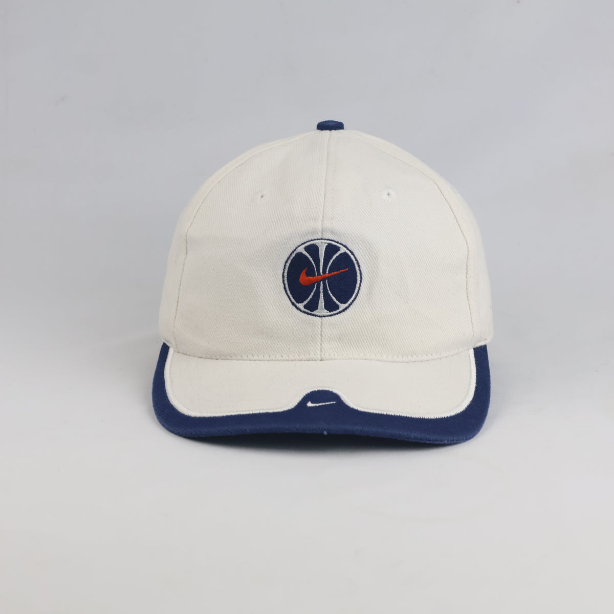 Thrifted Vintage 90s Nike Basketball Logo Strapback Hat - Off-White/Navy (56-57cm)| 10635