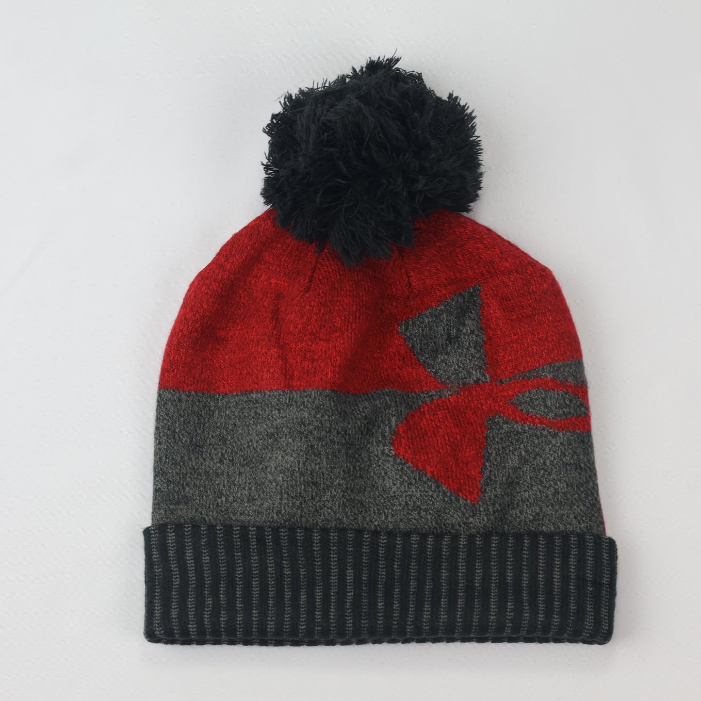 Under Armour Kids Pom Beanie | Red & Grey Winter Hat with Big Logo | Youth Size