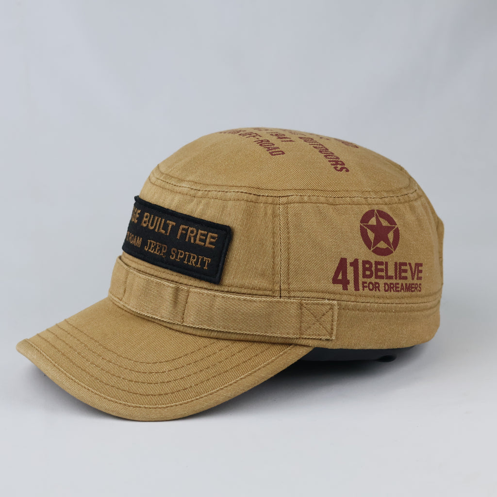 Vintage Jeep Spirit Army Style Hat - Tan Distressed Heritage Flat Top Cap