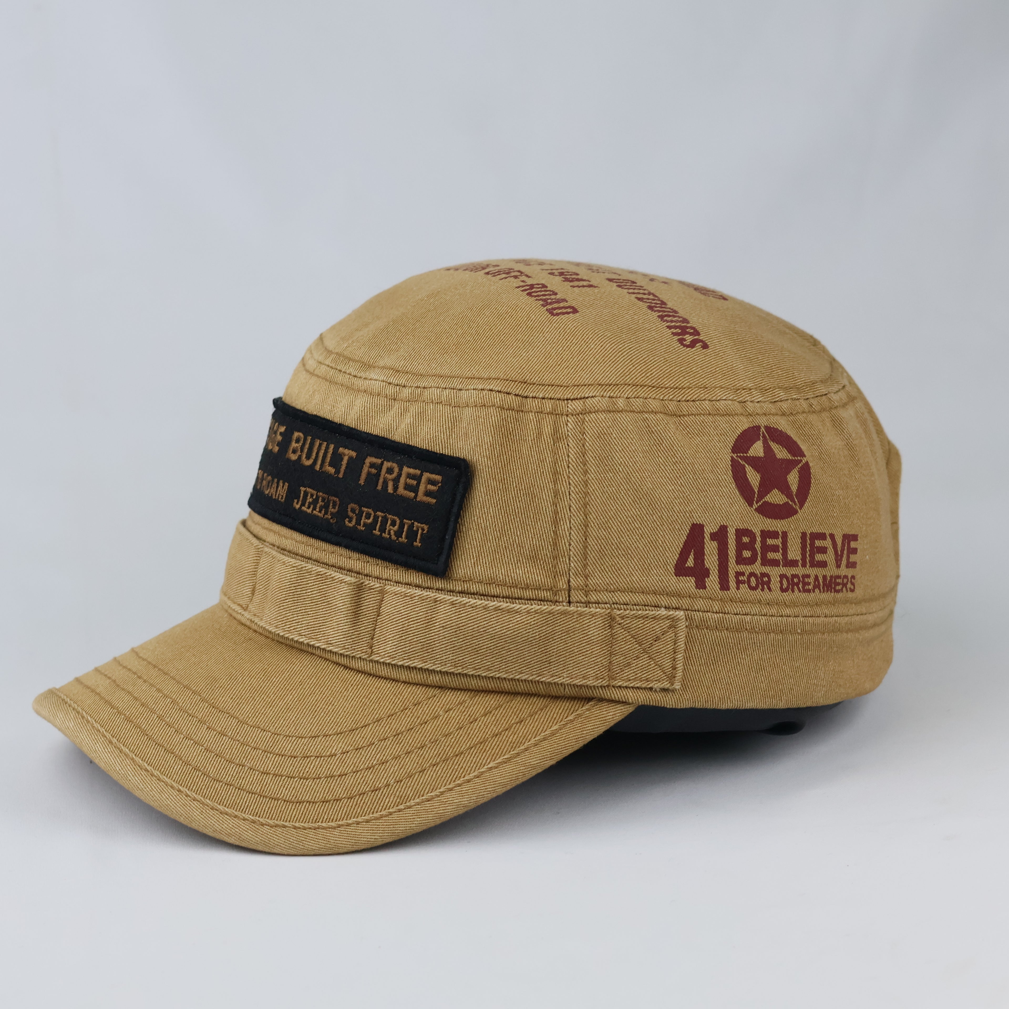 Vintage Jeep Spirit Army Style Hat - Tan Distressed Heritage Flat Top Cap