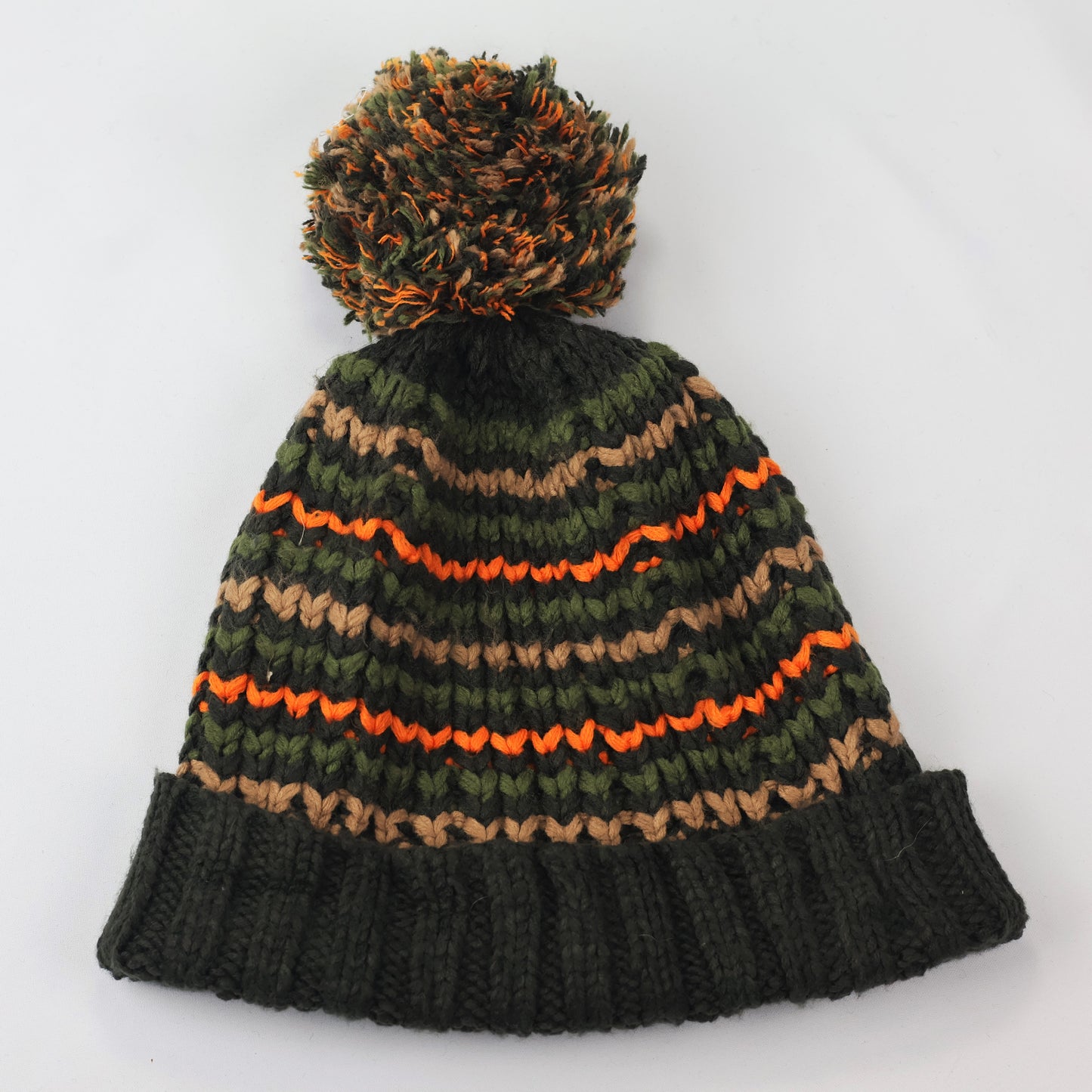 Made in Korea Zig-Zag Knit Beanie | Forest Green & Orange Pom Pom Hat | Retro Style