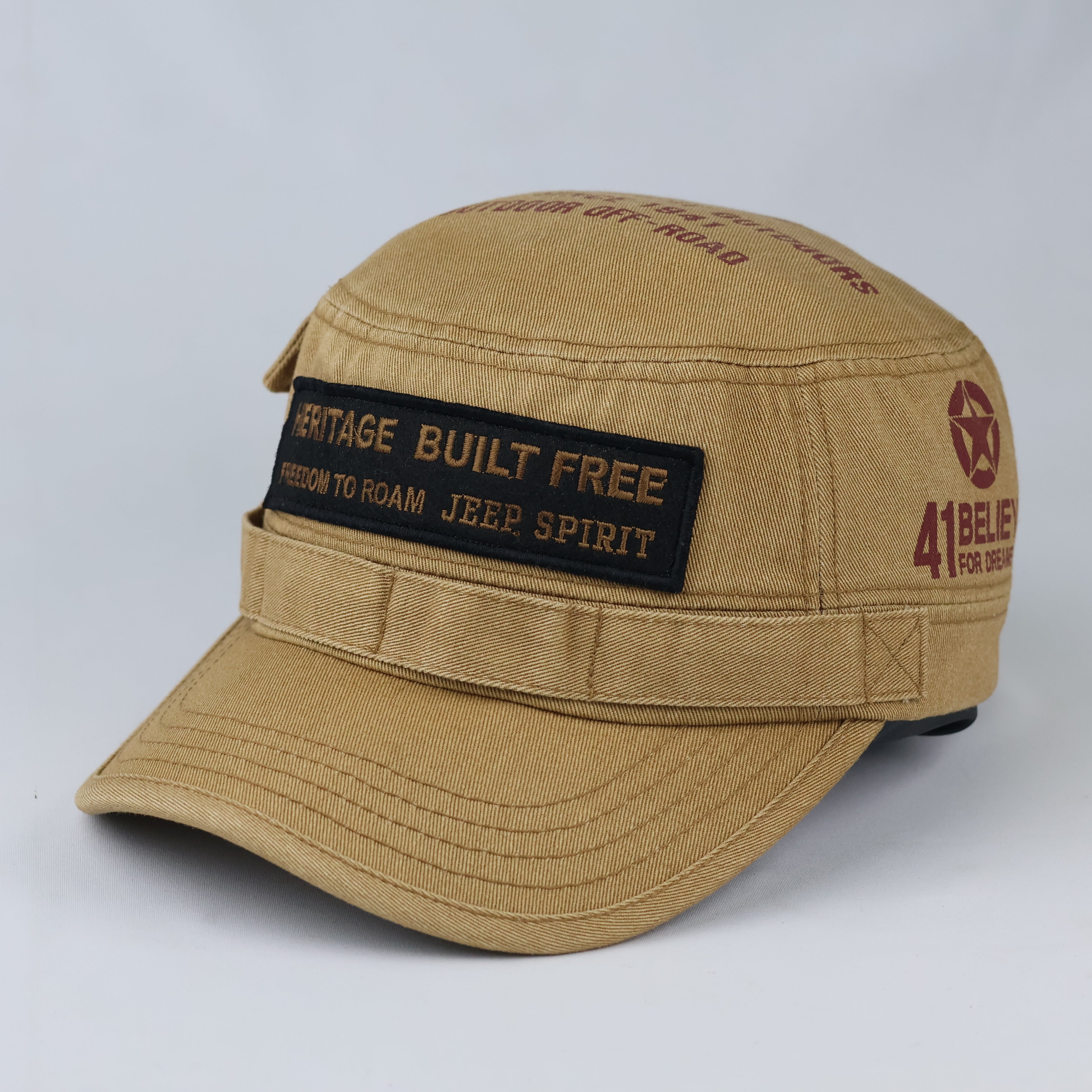 Vintage Jeep Spirit Army Style Hat - Tan Distressed Heritage Flat Top Cap