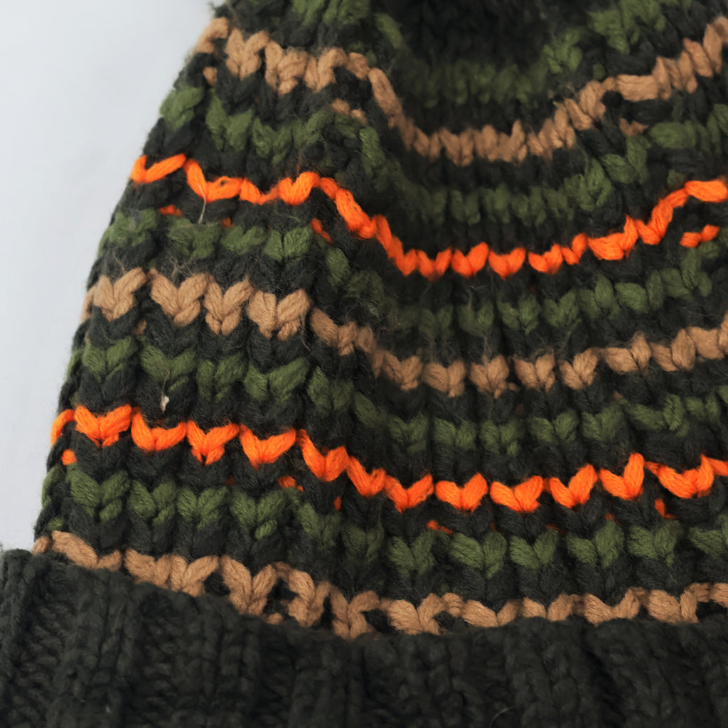 Made in Korea Zig-Zag Knit Beanie | Forest Green & Orange Pom Pom Hat | Retro Style