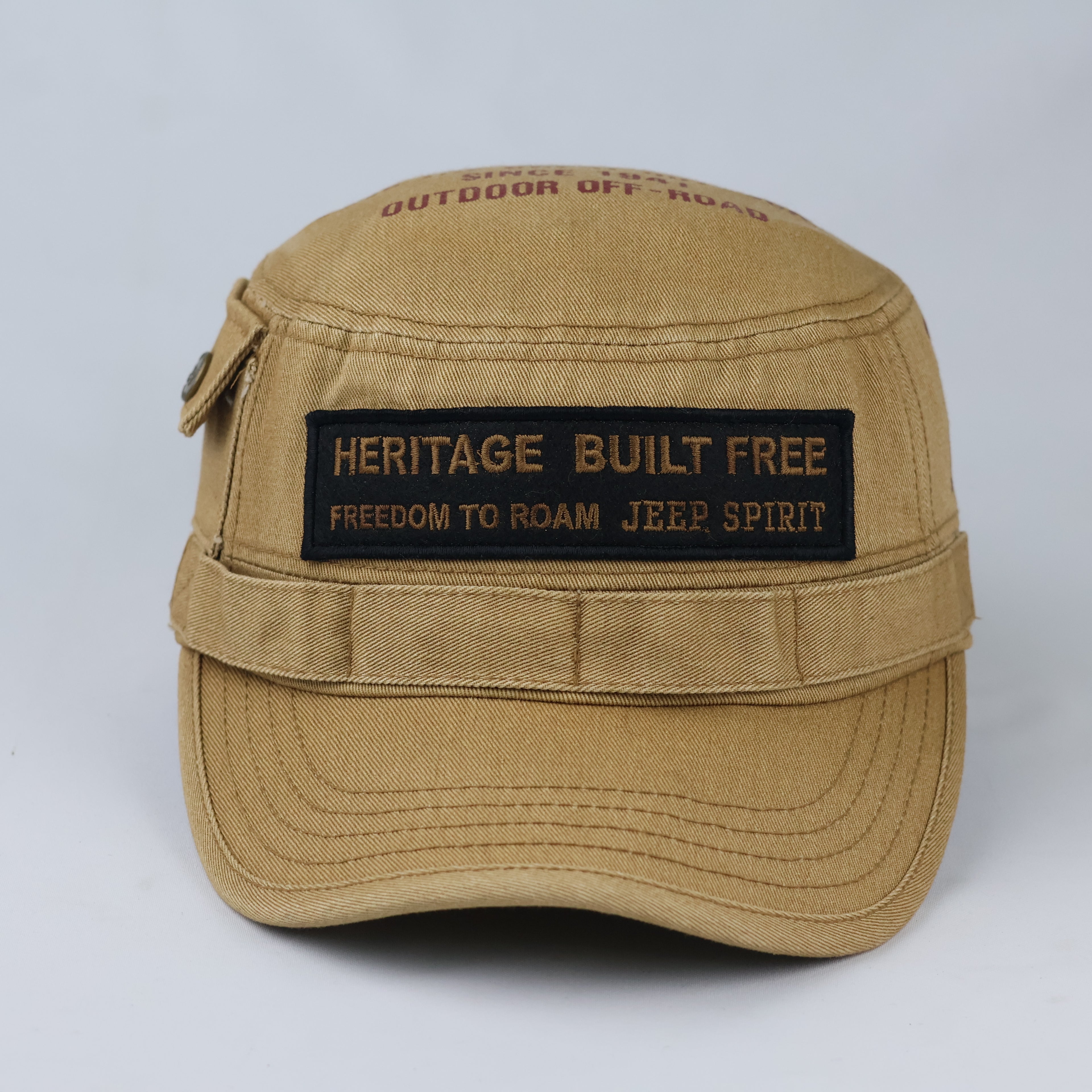 Vintage Jeep Spirit Army Style Hat - Tan Distressed Heritage Flat Top Cap